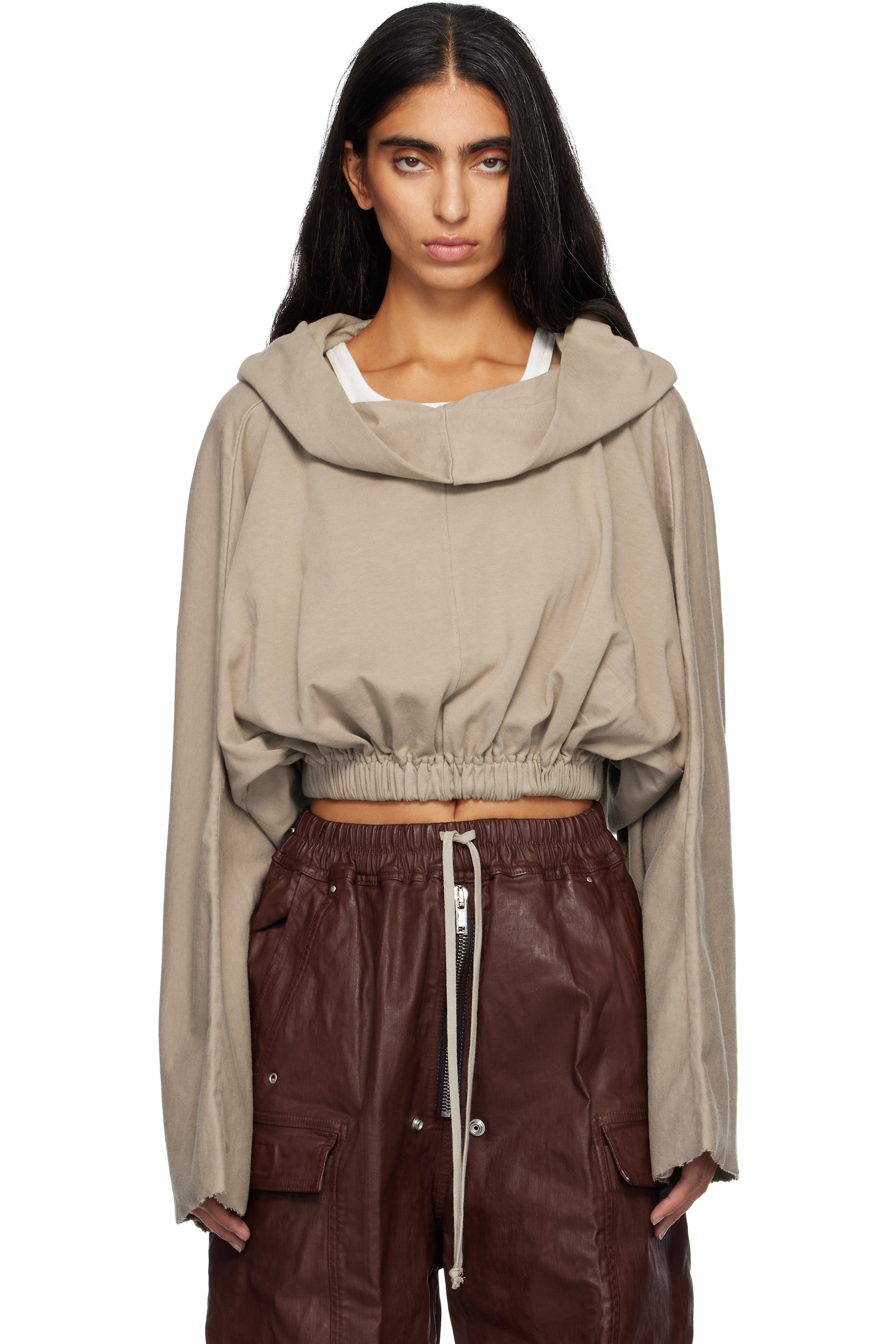 Rick Owens DRKSHDW - Pull à capuche de style tunique écourté taupe - Concordians
