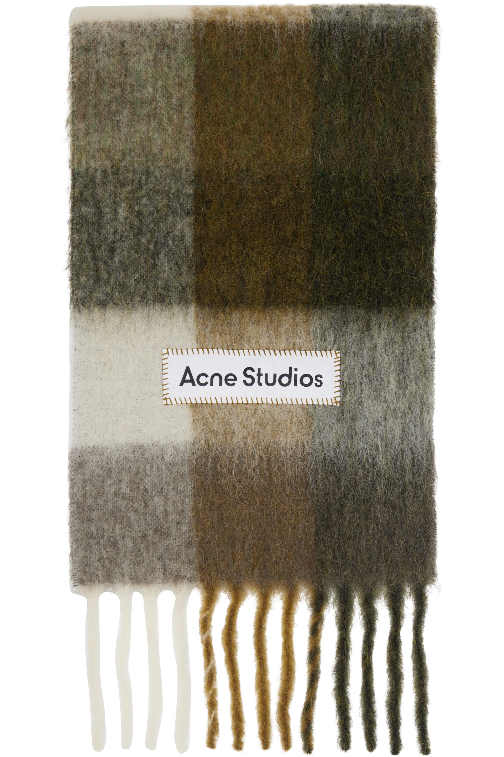 Acne Studios - Écharpe kaki et blanc cassé à carreaux et à franges