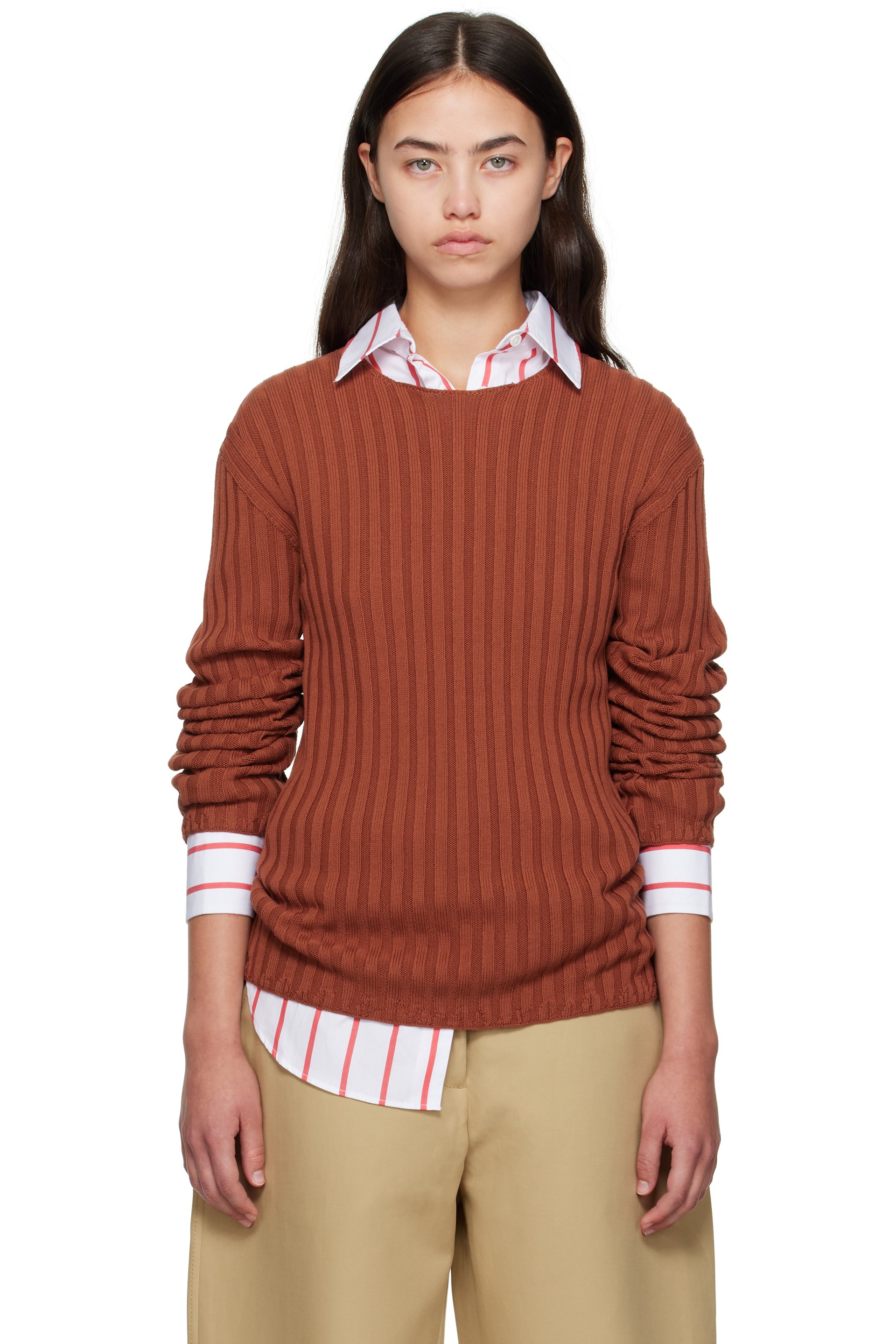 Acne Studios - Pull orange en tricot côtelé à col ras du cou