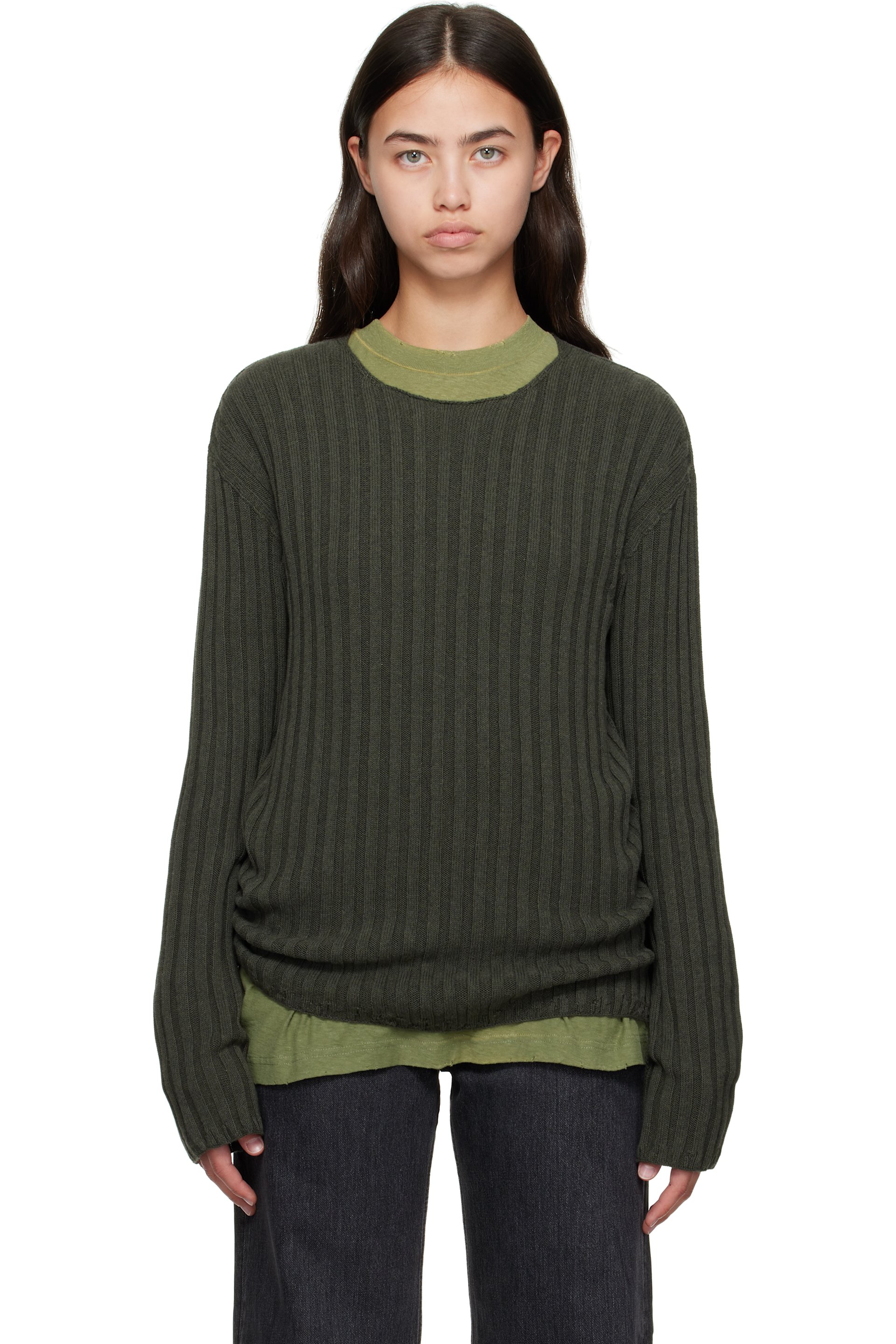 Acne Studios - Pull vert en tricot côtelé à col ras du cou