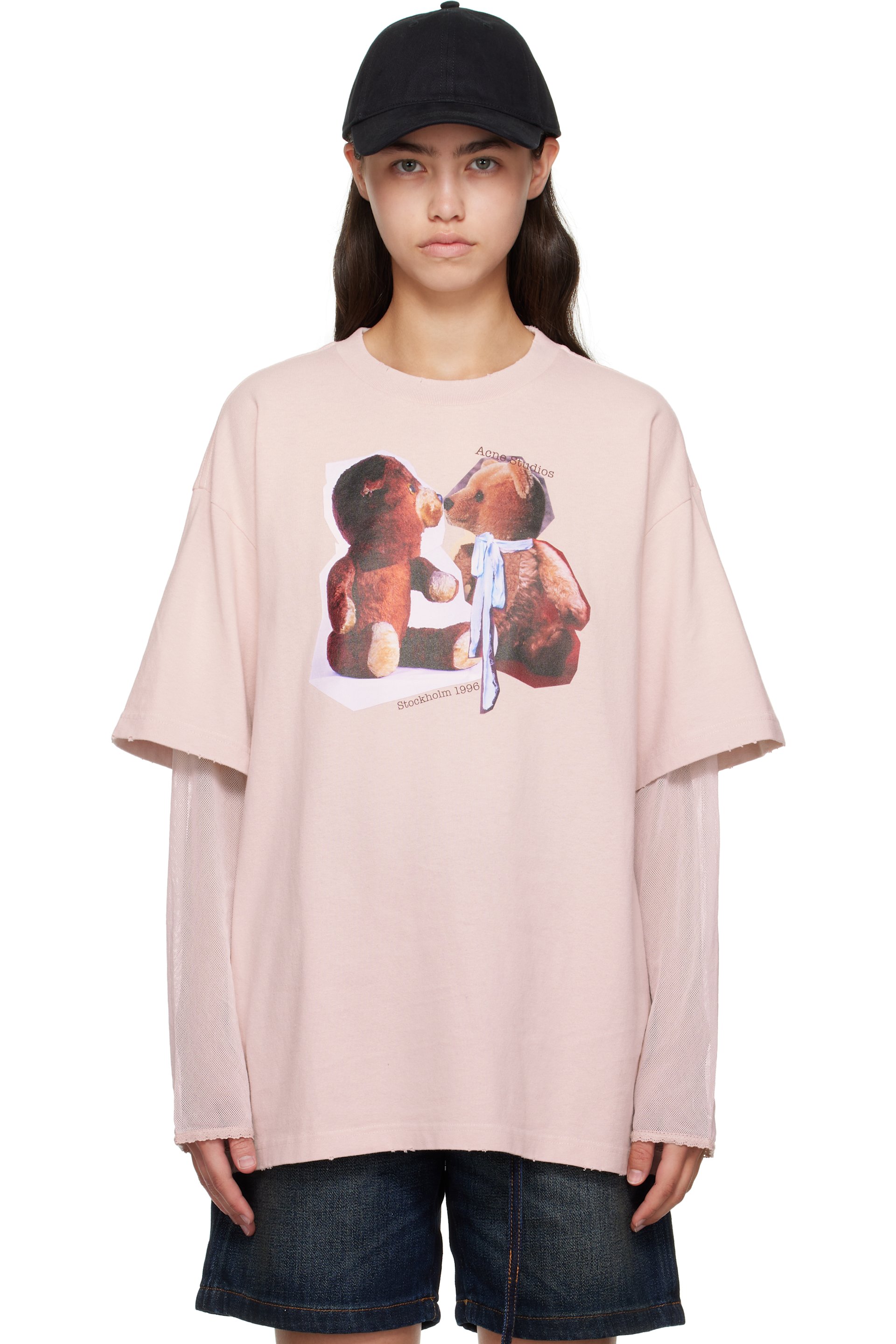 Acne Studios - T-shirt étagé rose à images et logo imprimés