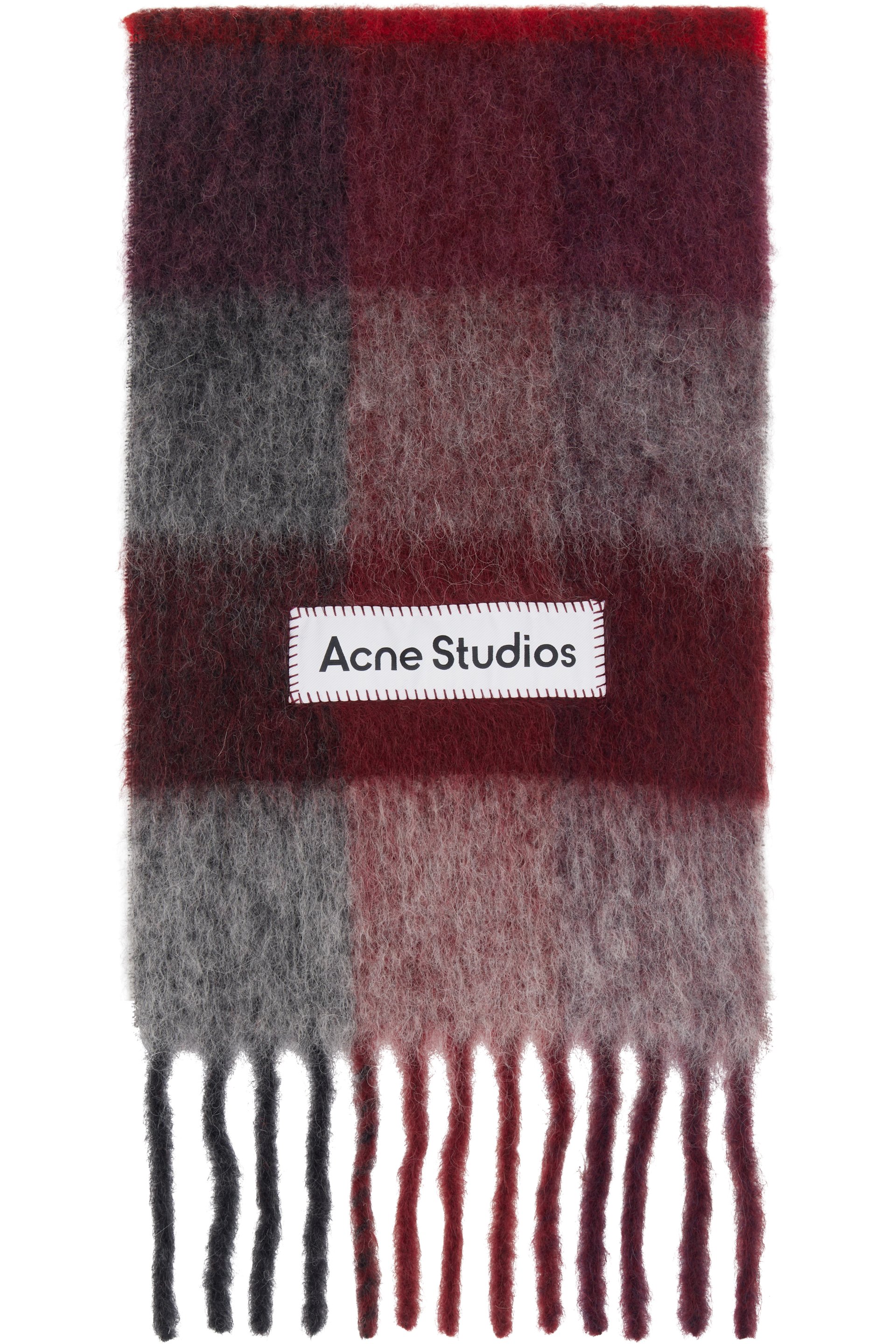 Acne Studios - Écharpe rouge et gris à carreaux et à franges