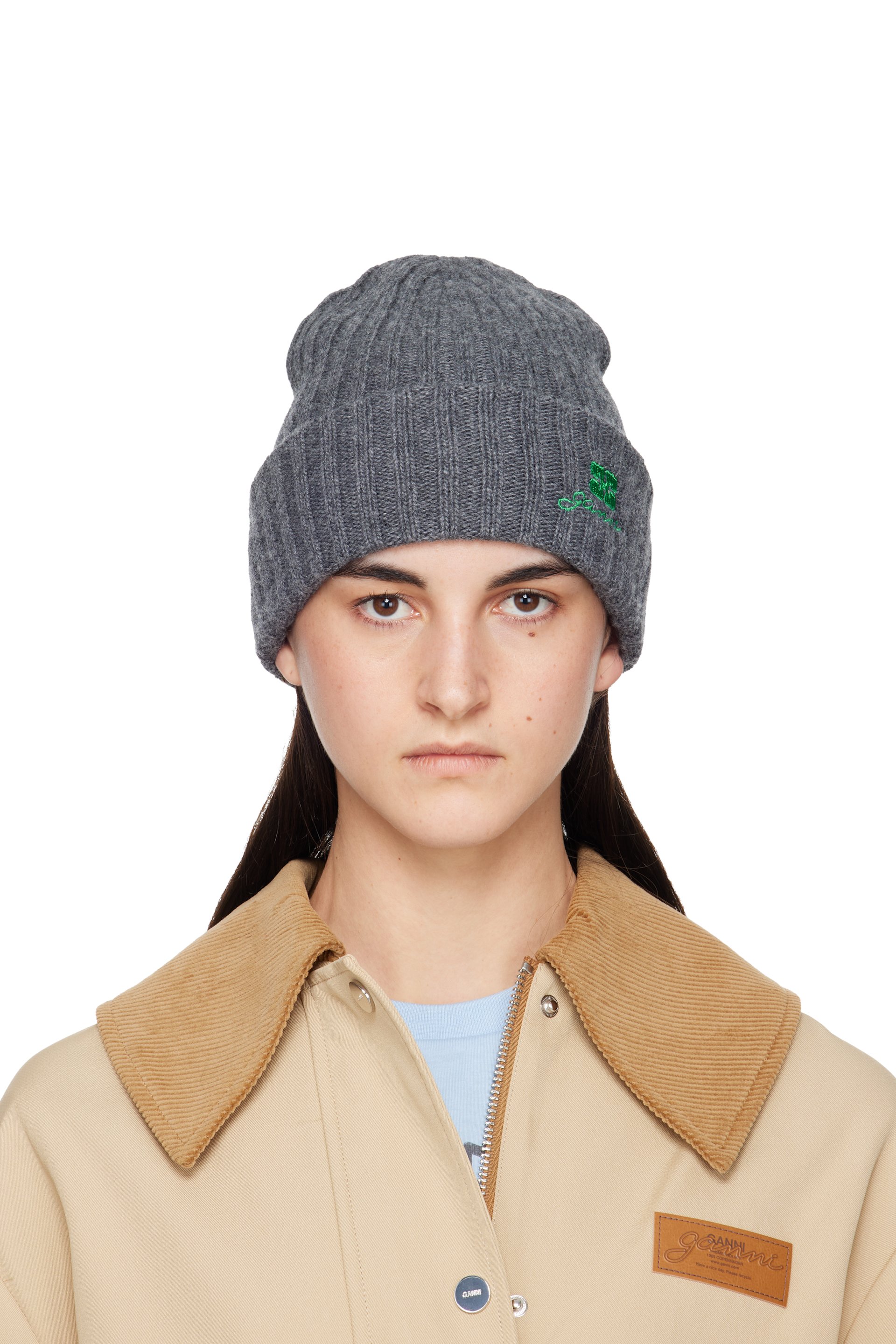 GANNI - Bonnet gris en tricot de laine