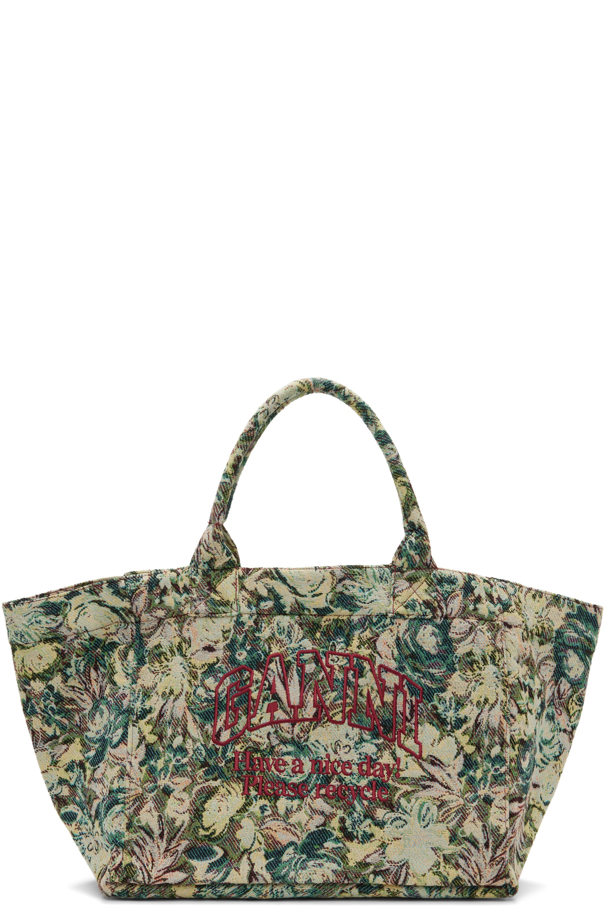 GANNI - Très grand cabas beige et vert à motif fleuri
