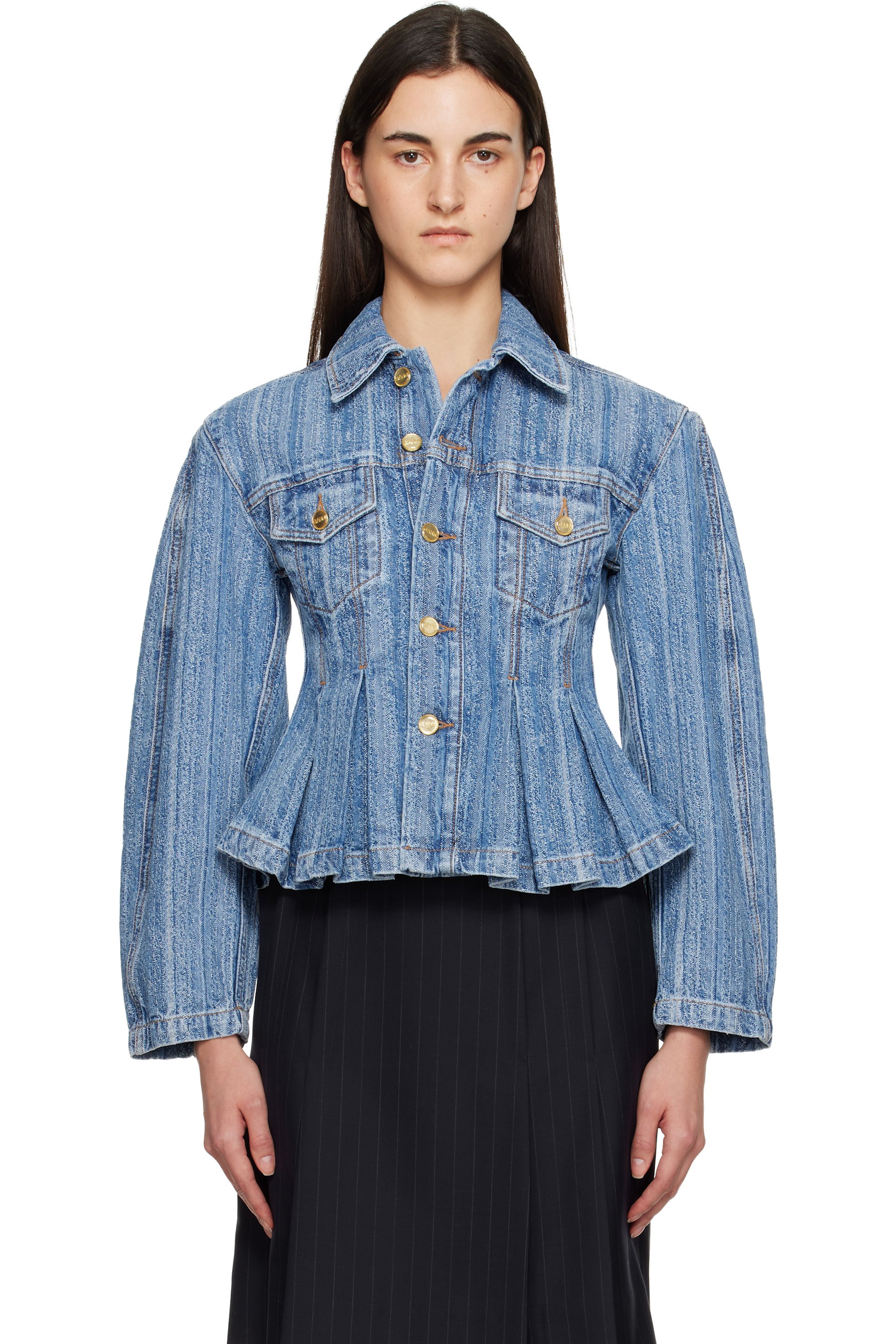 GANNI 花柄ジージャン GANNI: Blue Striped Pleated Denim Jacket | SSENSE