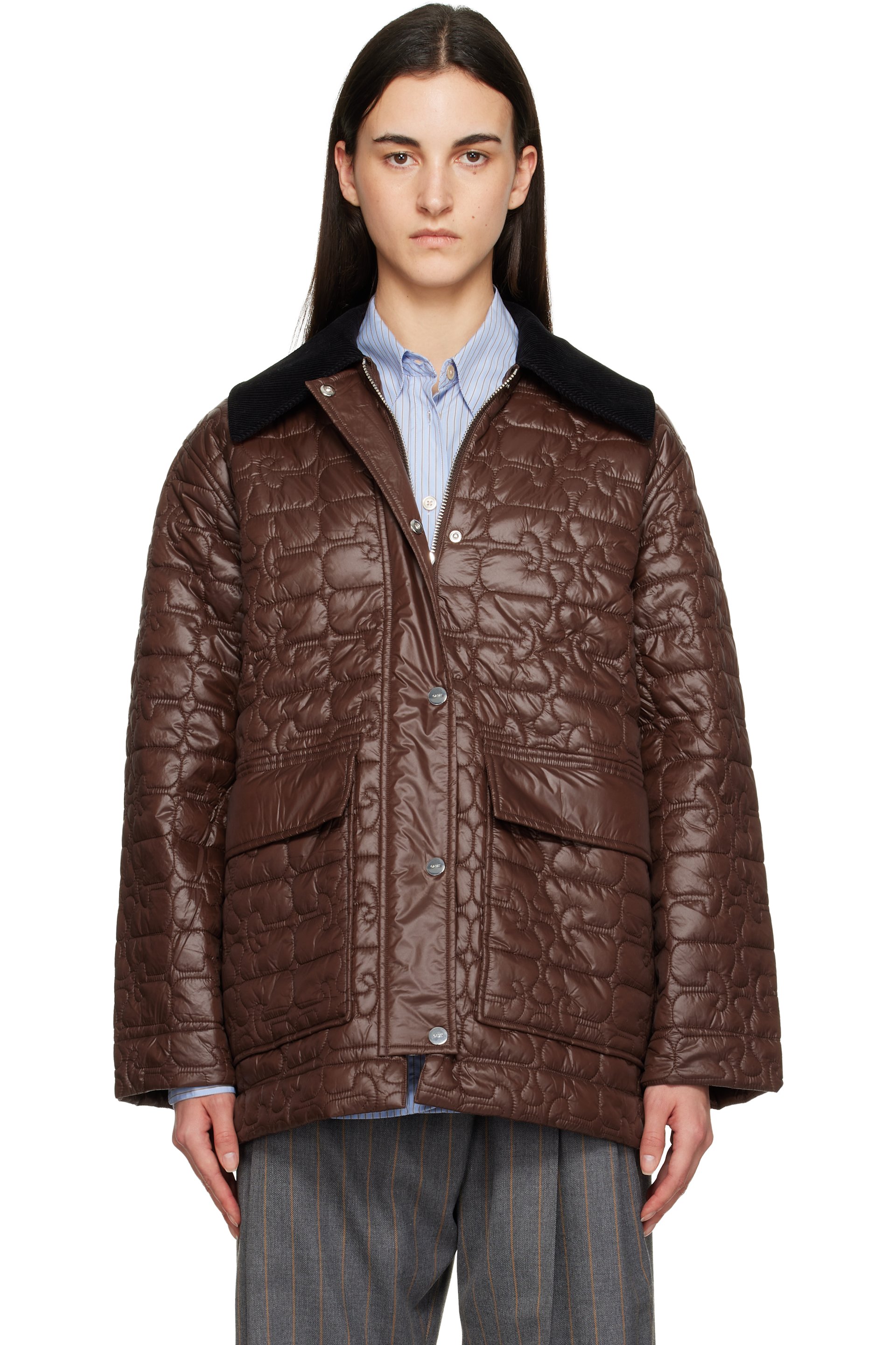 GANNI - Blouson midi matelassé et lustré brun
