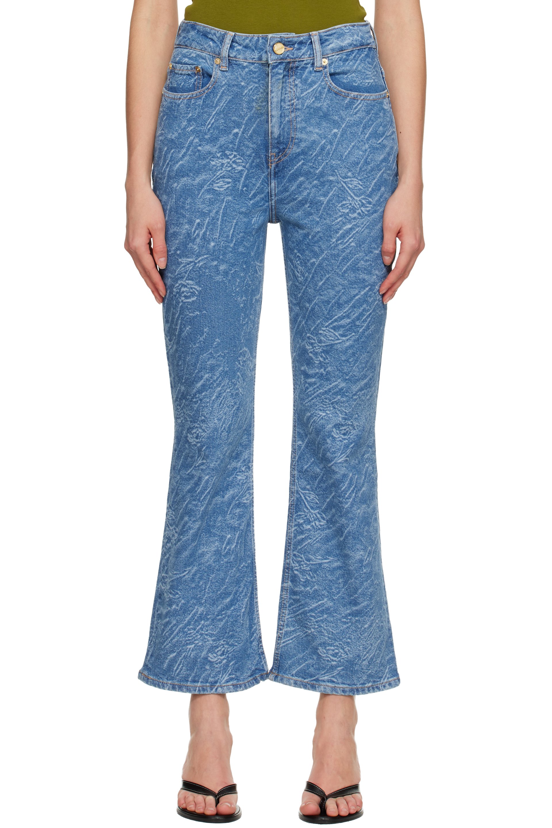 GANNI - Jean droit écourté Betzy bleu à motif fleuri