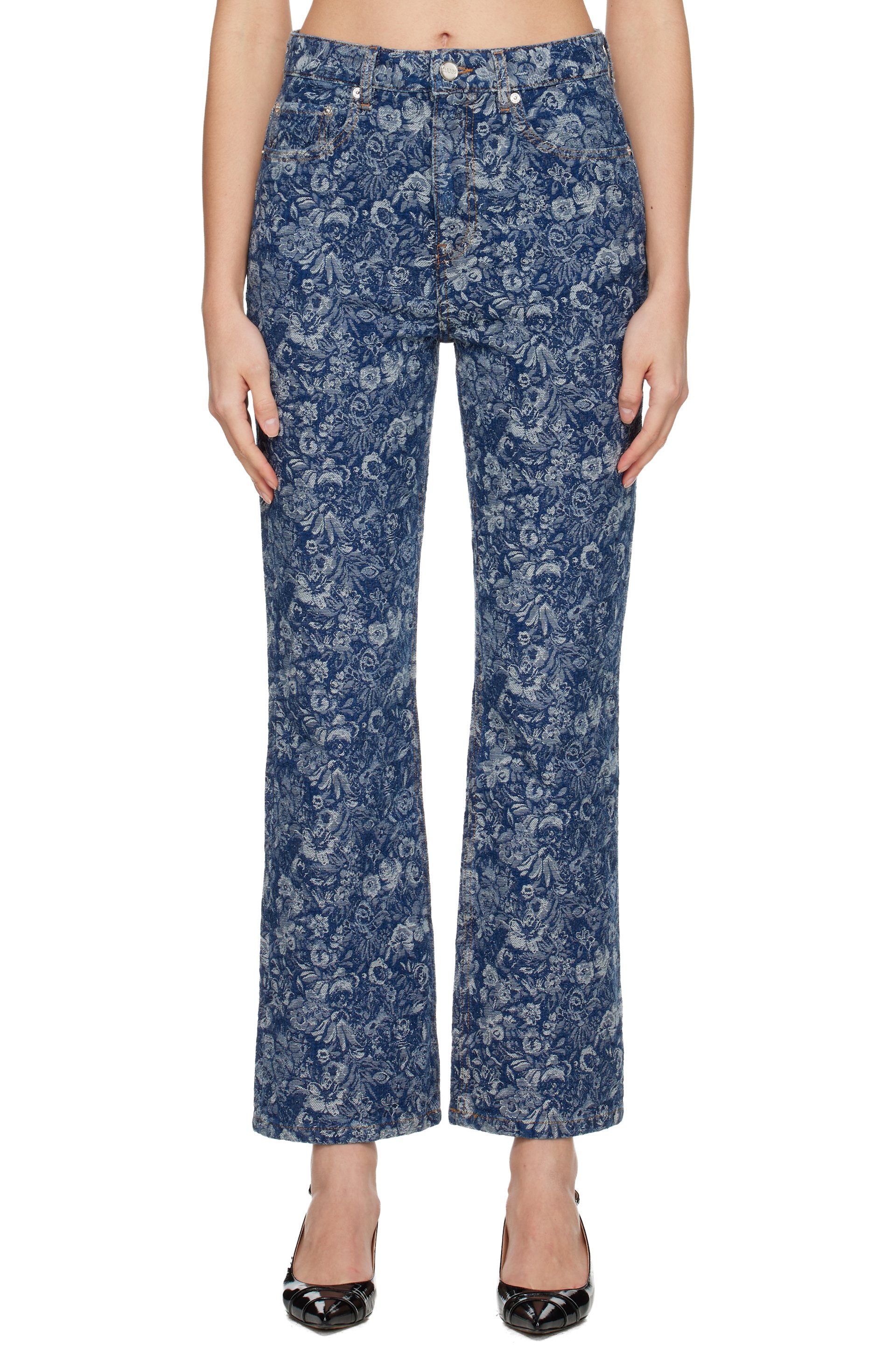 GANNI - Blue Straight Tapestry Cropped Betzy Jeans