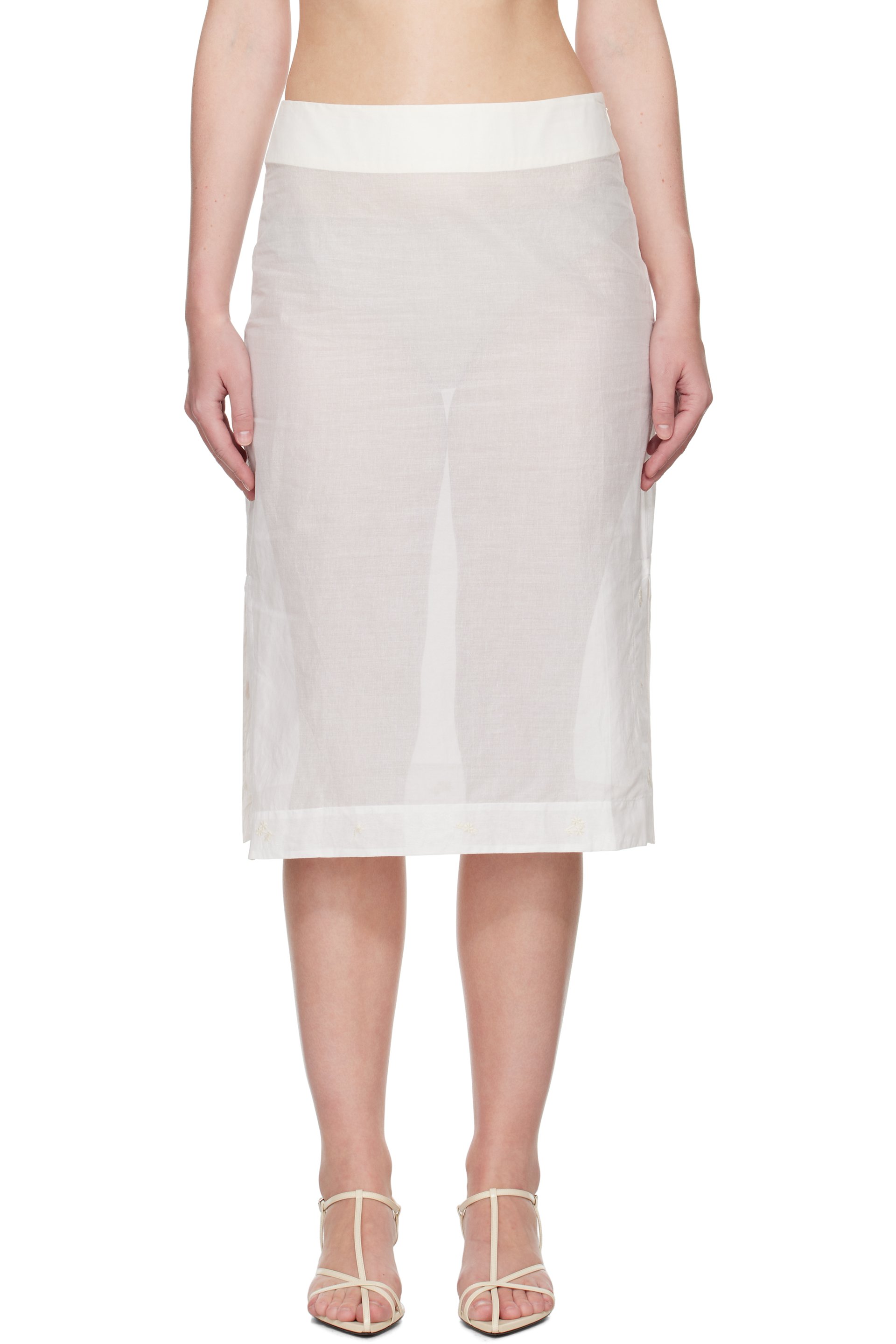 Róhe - Jupe midi blanche en organza à motif fleuri brodé