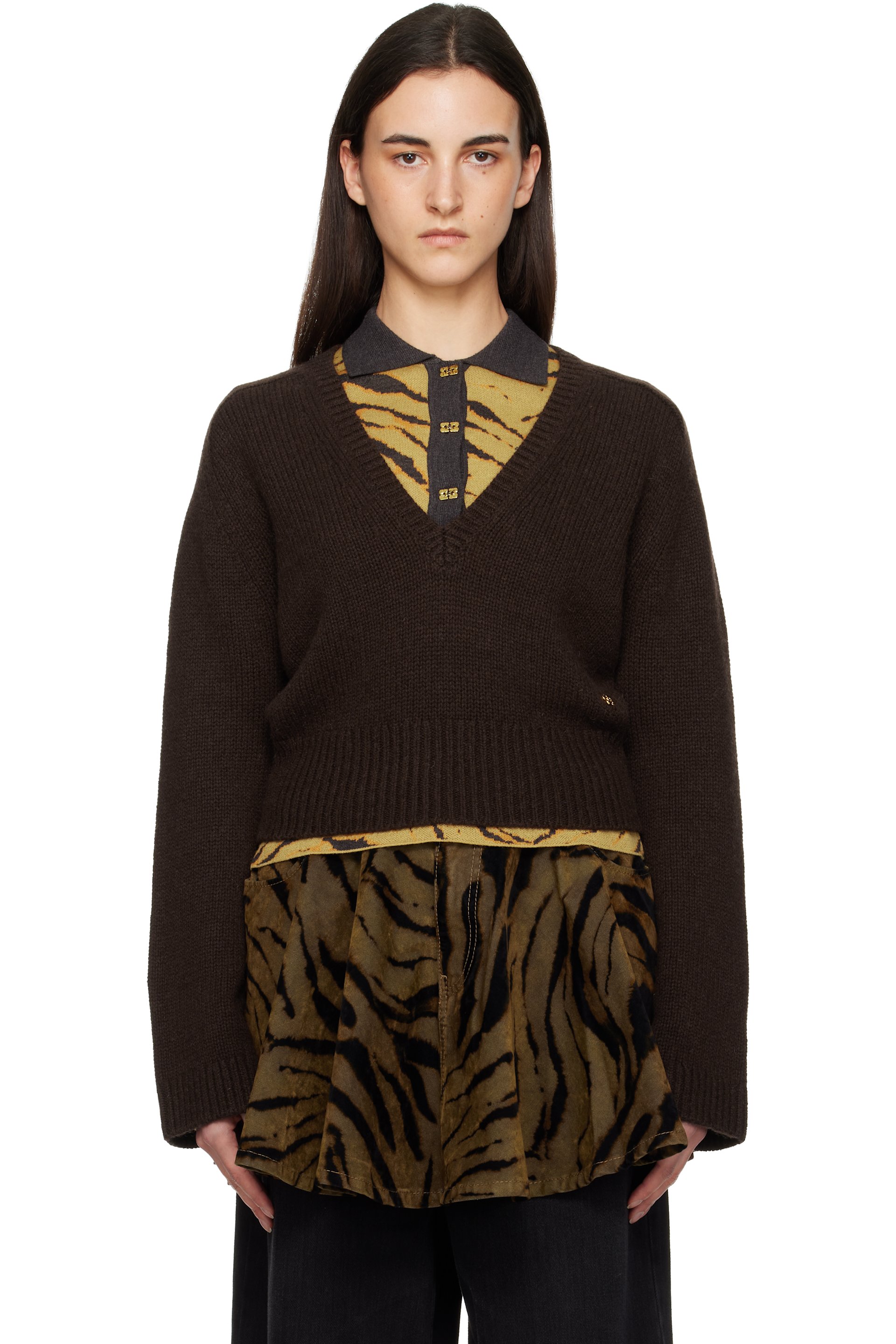 GANNI - Brown V-Neck Jumper Sweater