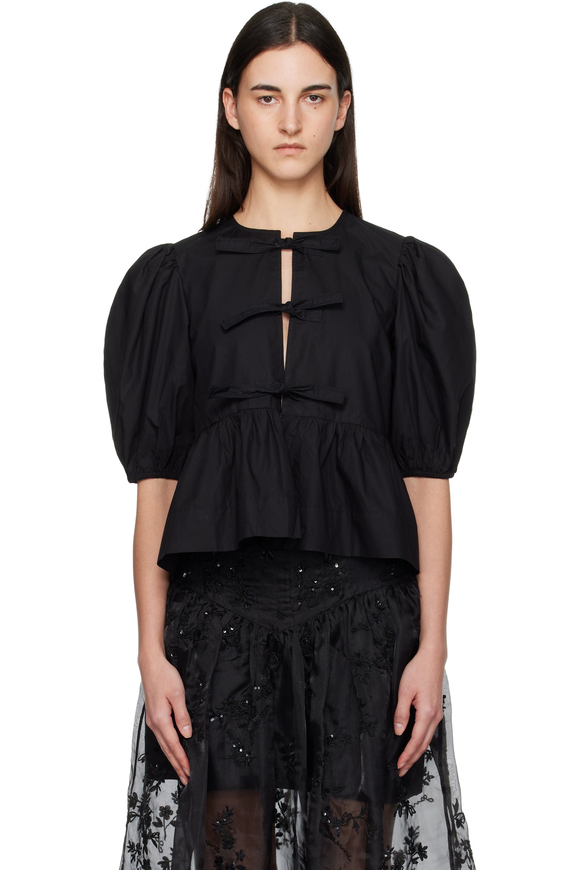 【YILON】TIE PEPLUM LACE BLOUSE black Black Cotton Poplin Peplum Tie Blouse by GANNI on Sale