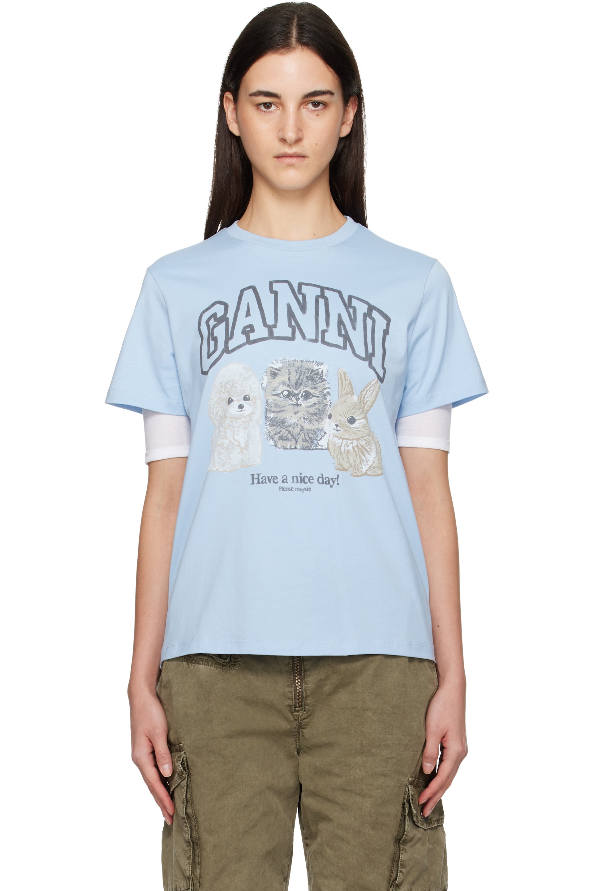 GANNI - T-shirt bleu à imprimé animalier