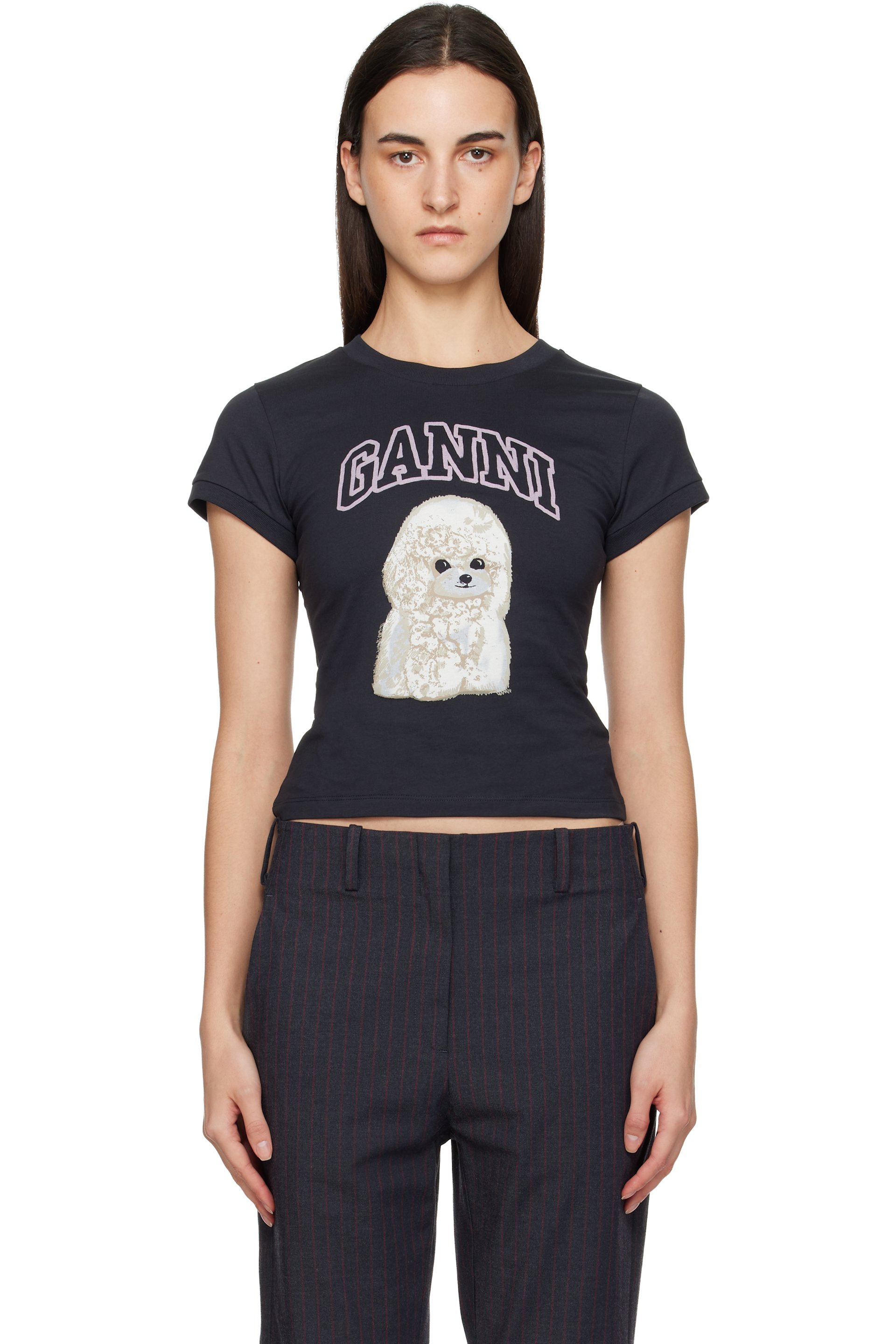 GANNI - Micro t-shirt noir à image de caniche