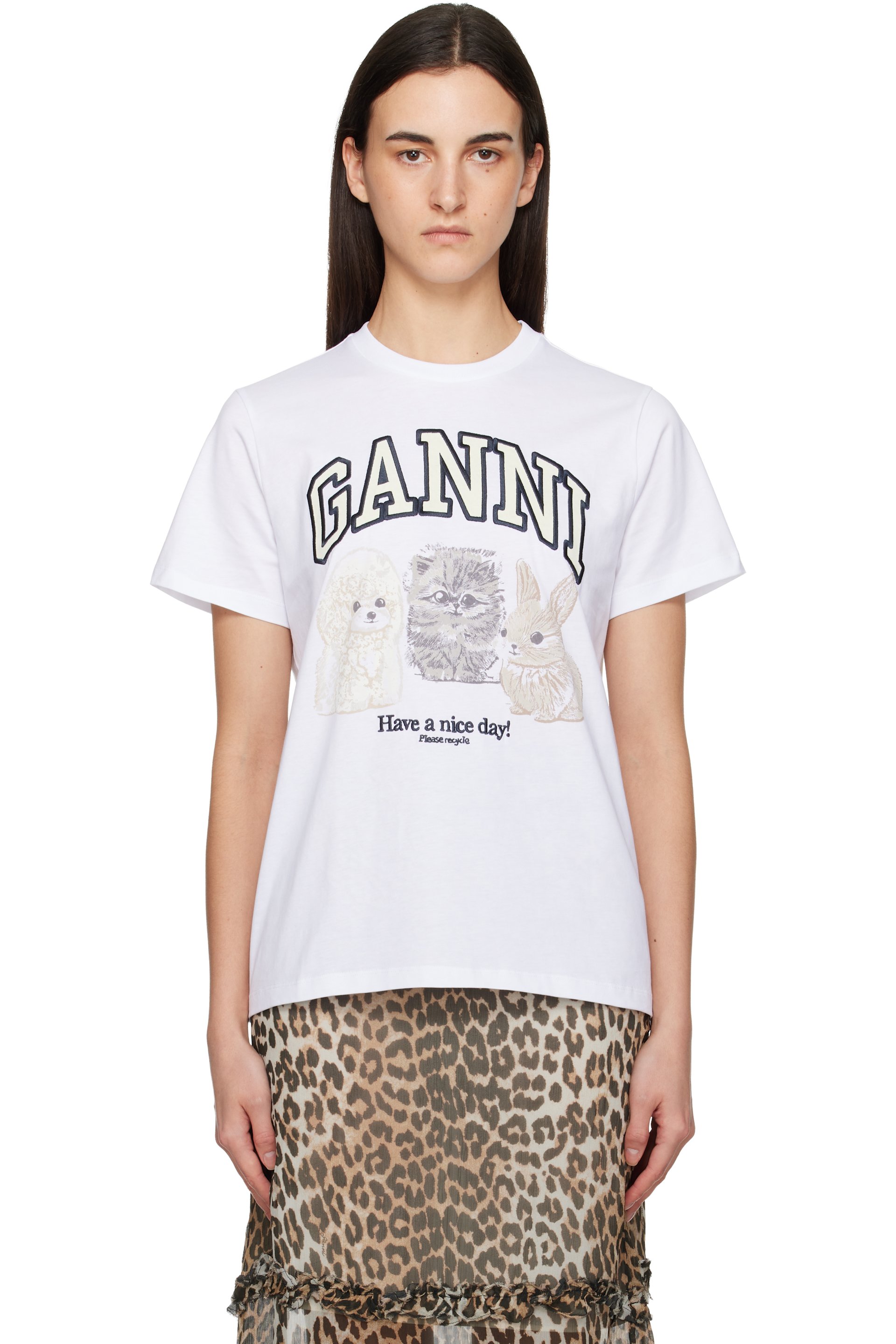 GANNI - T-shirt décontracté blanc en jersey à imprimé animalier