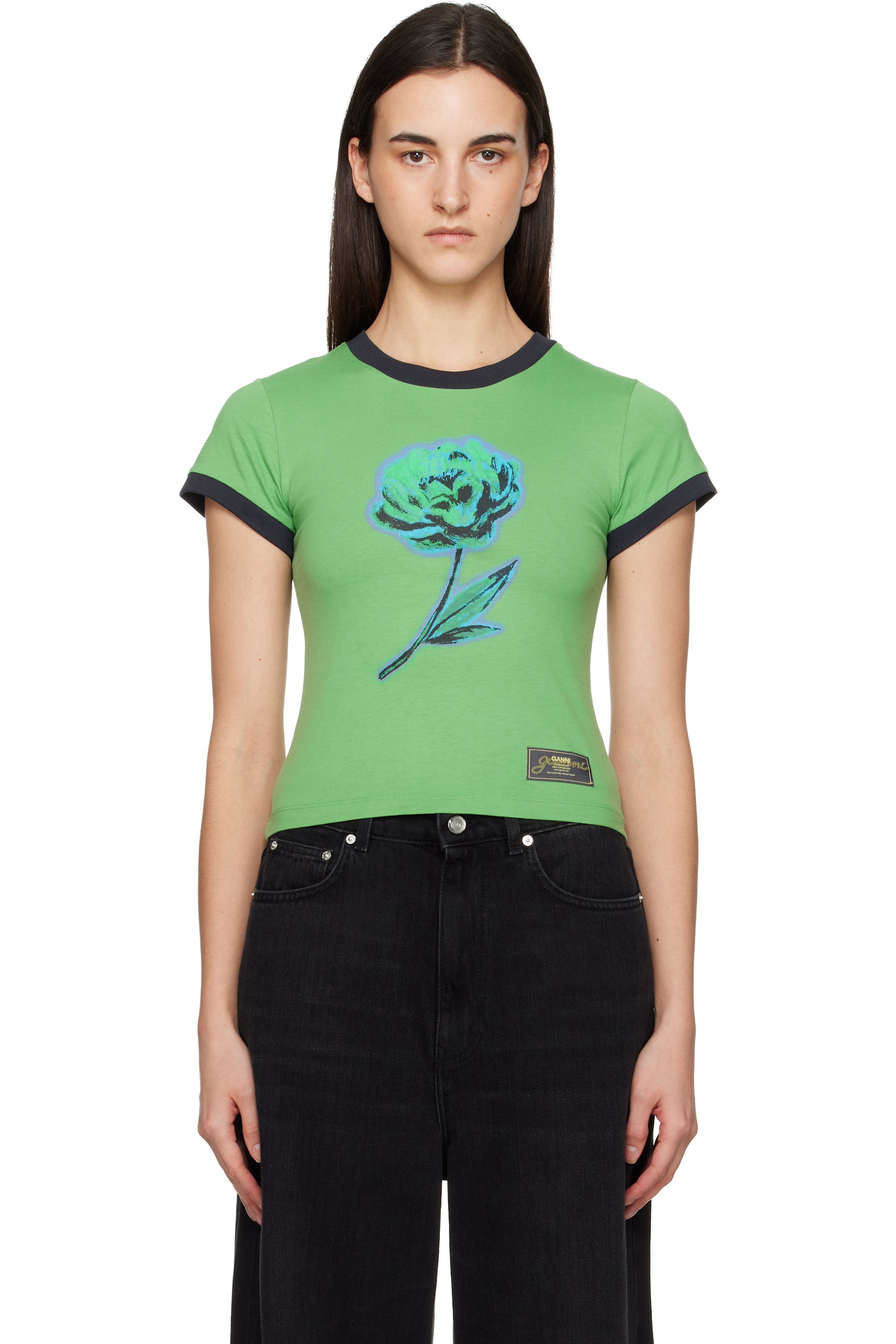 GANNI - Micro t-shirt vert en jersey de coton à imprimé de pivoine