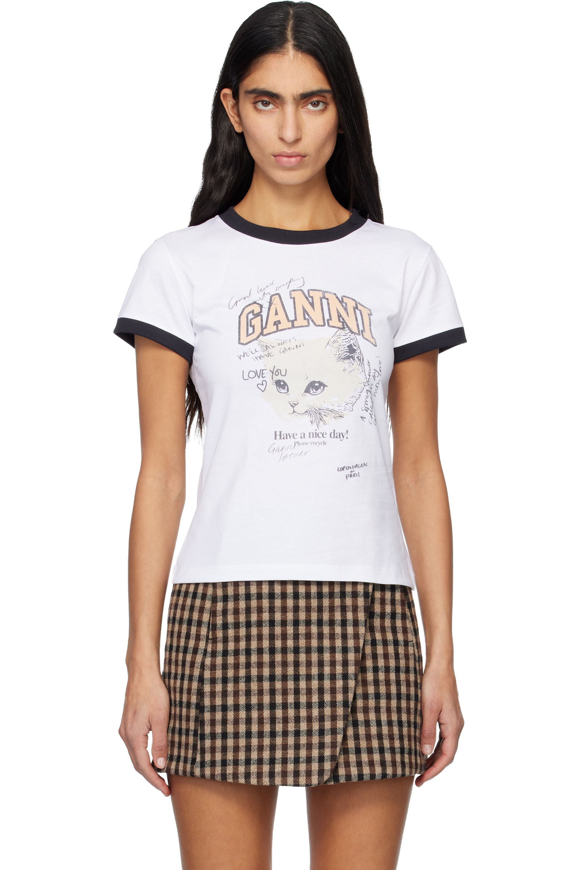 GANNI - T-shirt écourté blanc à image de chat