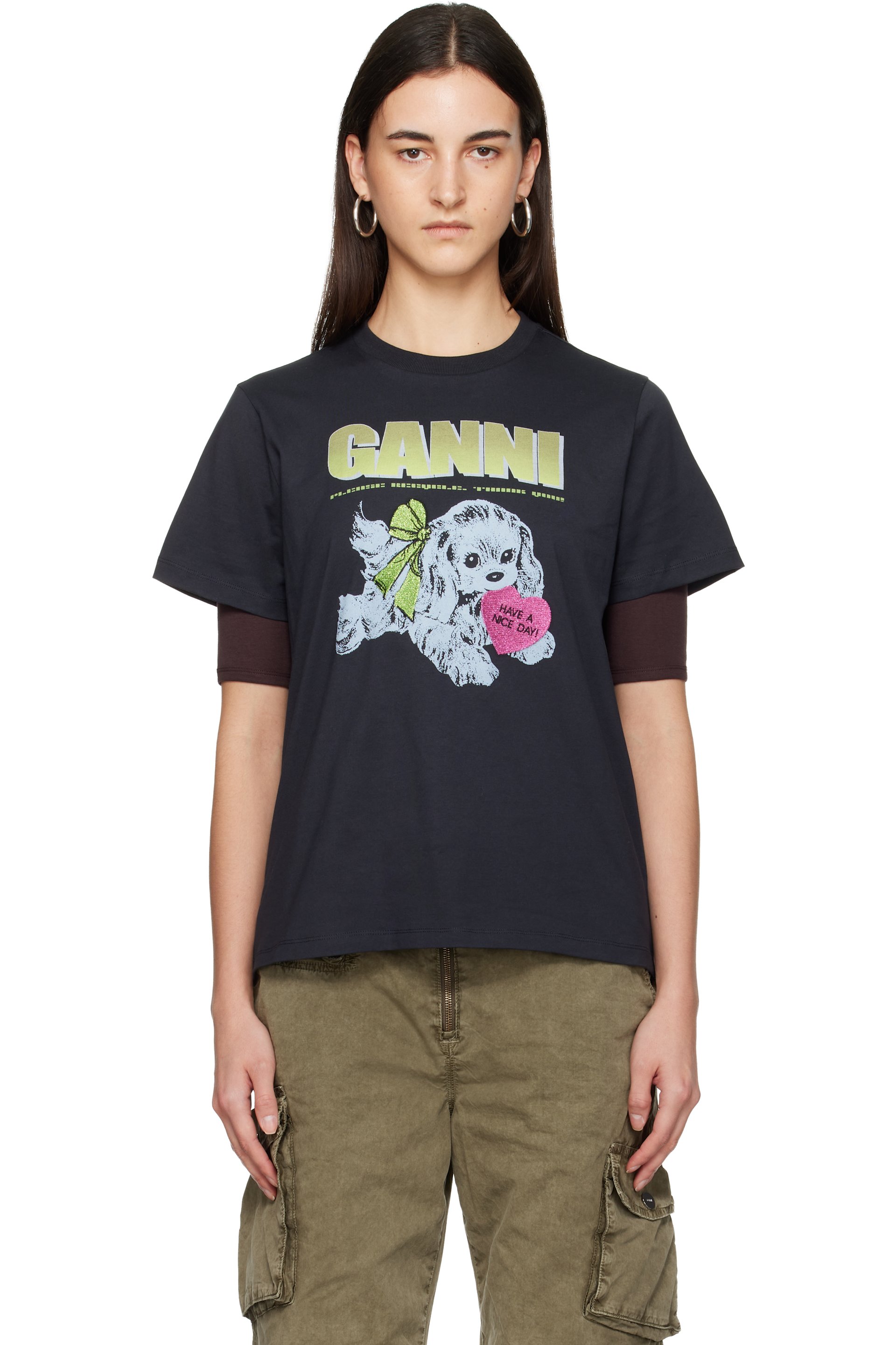 GANNI - T-shirt noir à image de chien