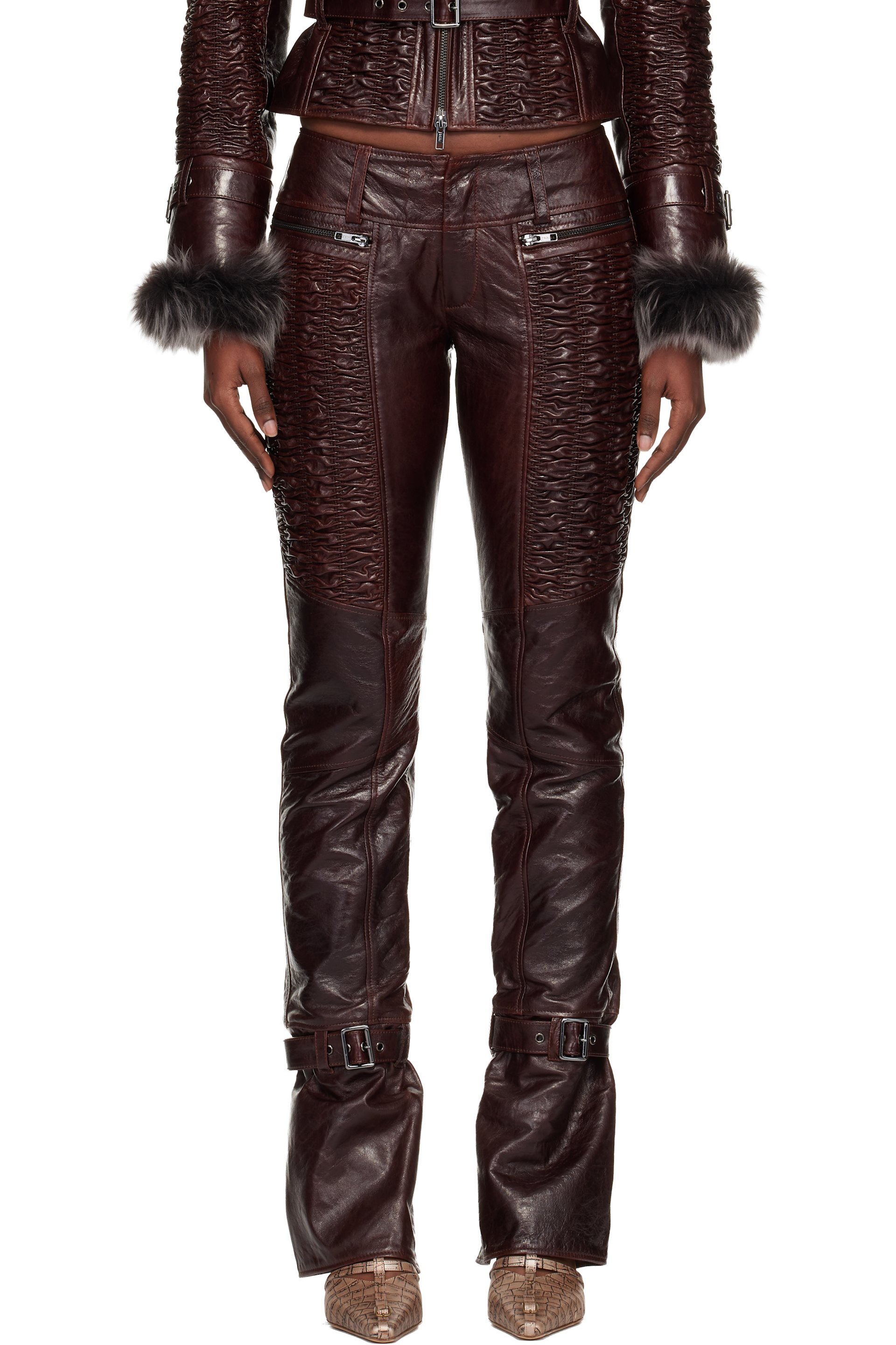KNWLS - Brown Smocked Straight Leg Leather Trousers
