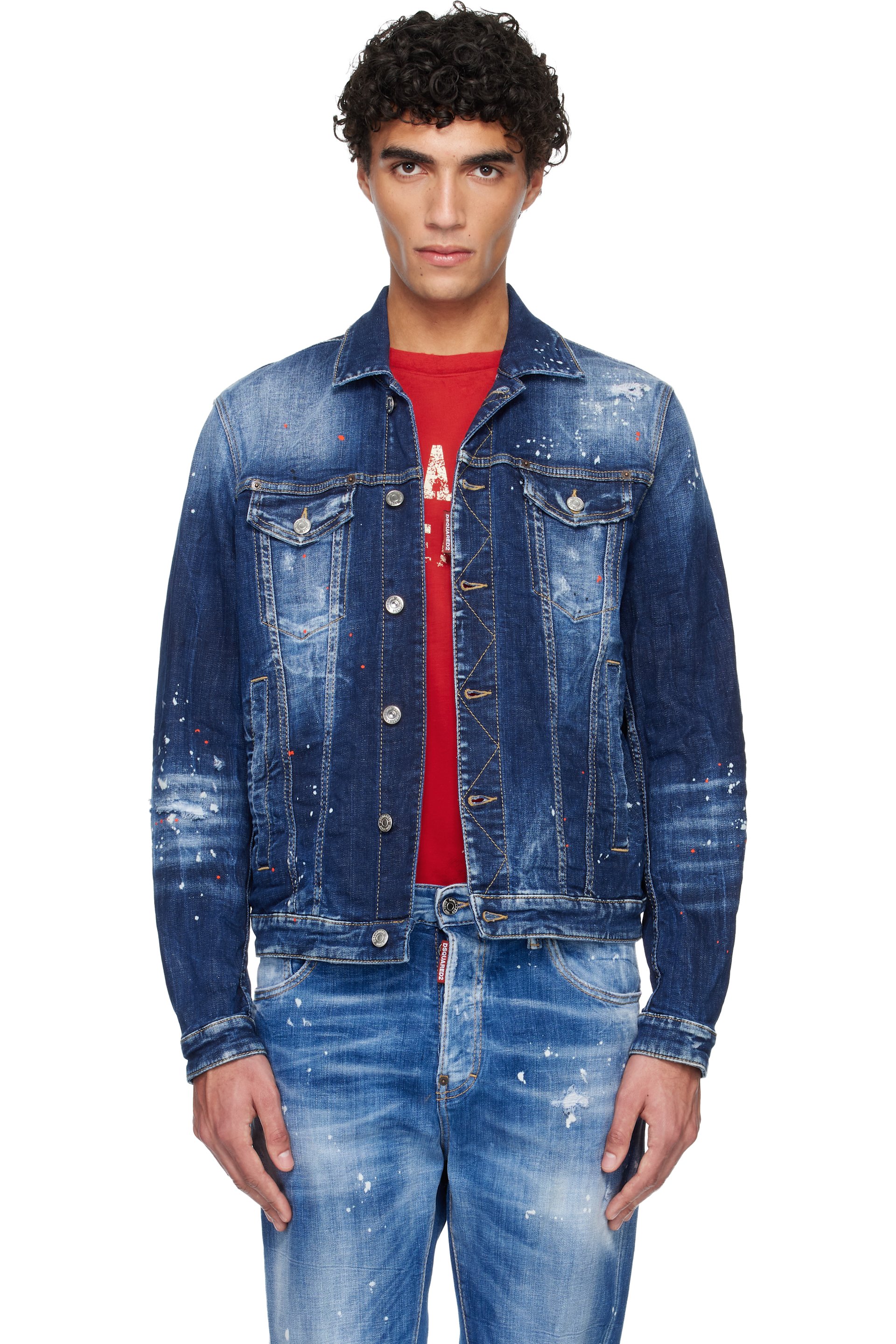 Dsquared2 - 네이비 미디엄 이지 워싱 댄 데님 재킷
