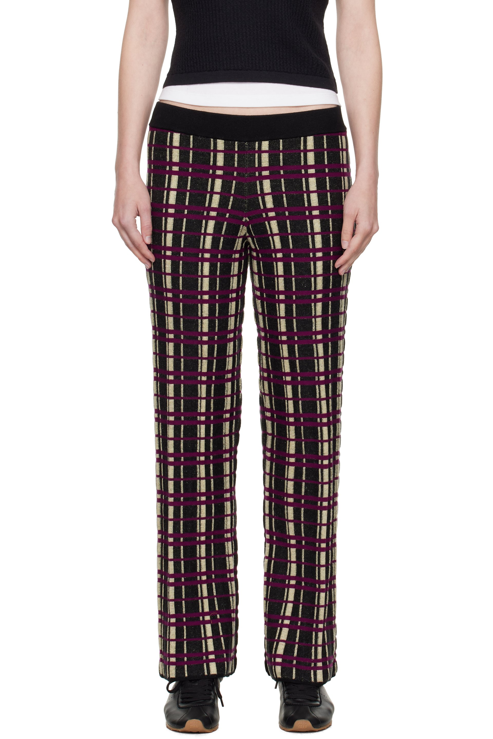 Guest in Residence - Pantalon de détente évasé noir et mauve à motif écossais