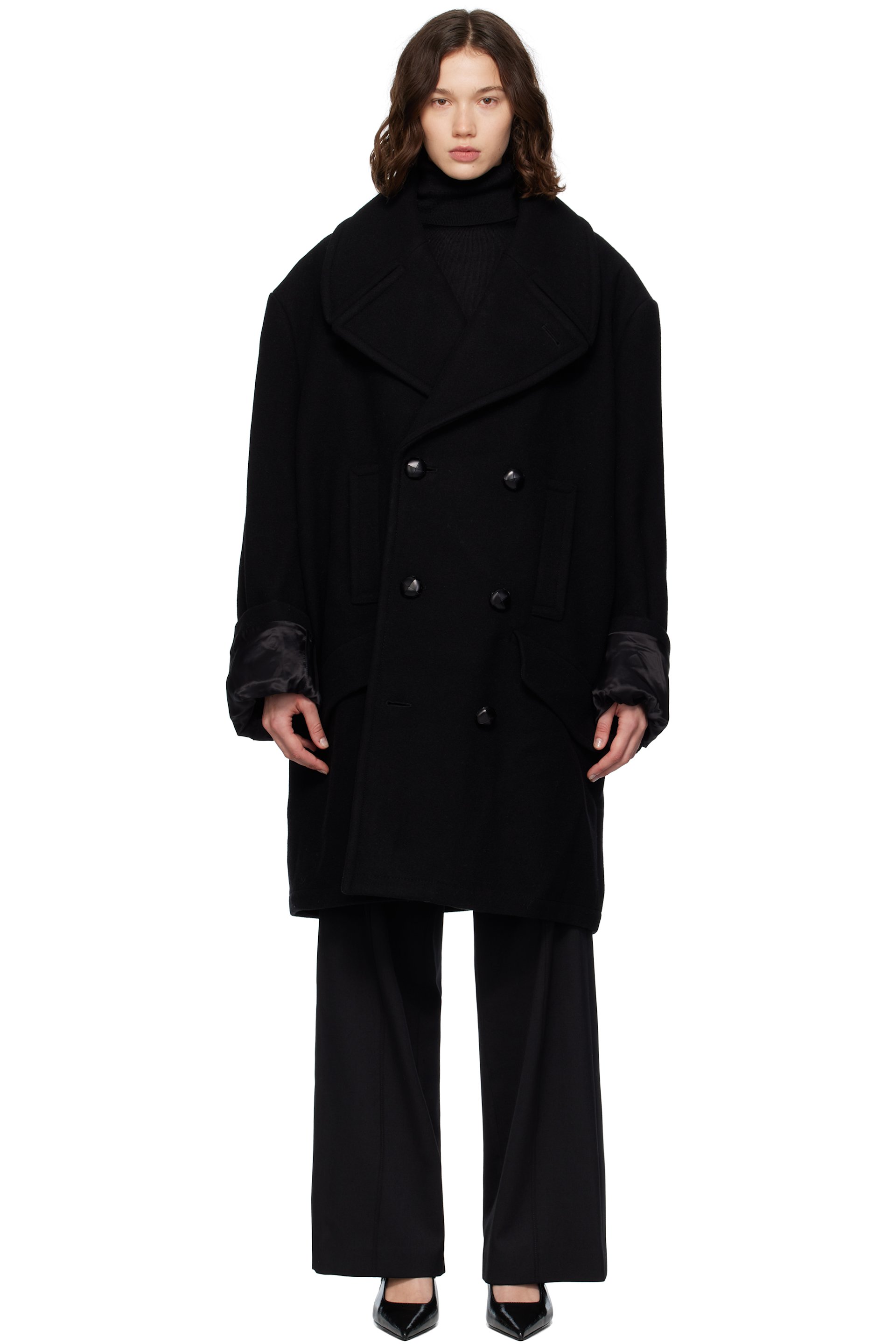 MM6 Maison Margiela - Manteau noir en laine feutrée à double boutonnage