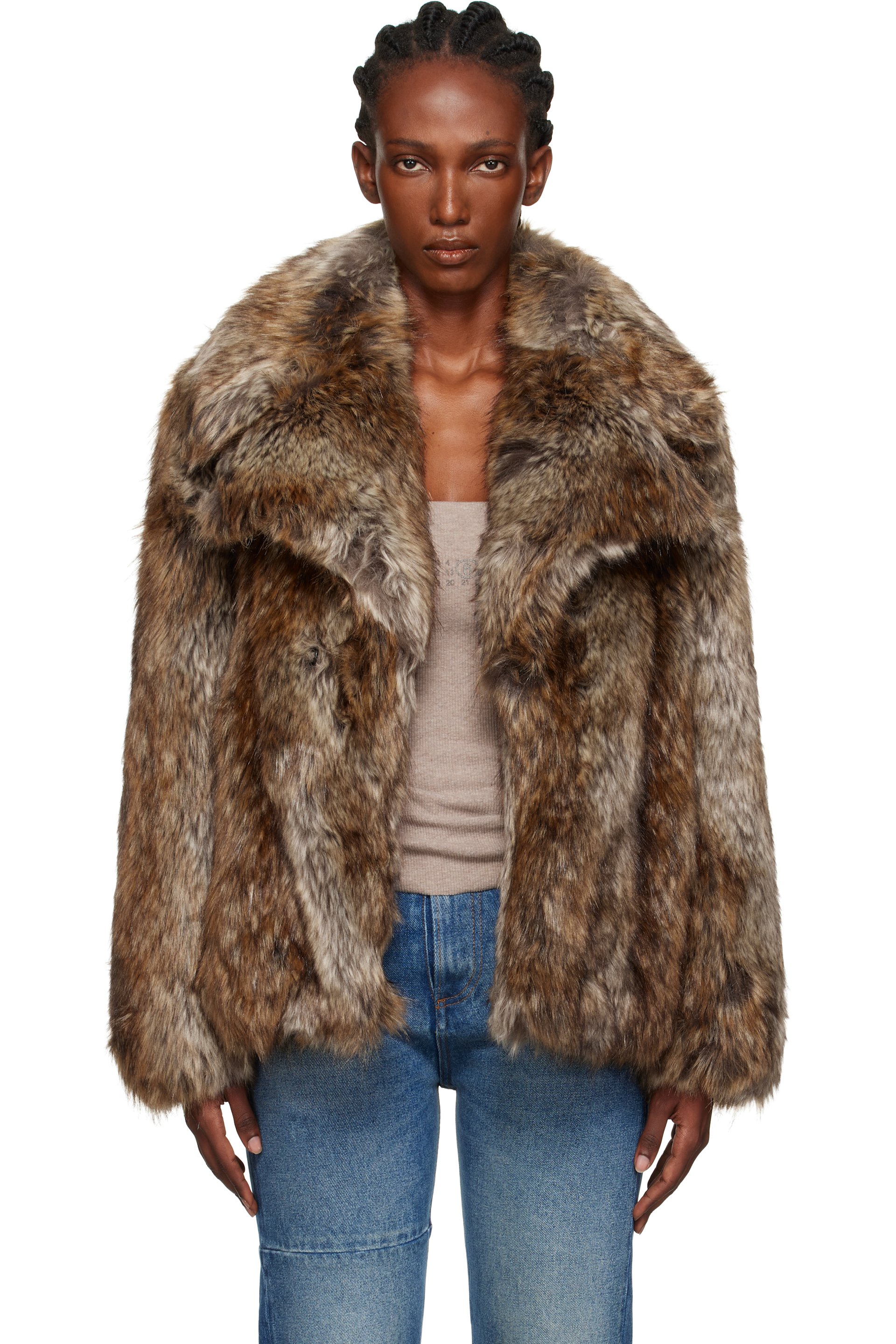 MM6 Maison Margiela - Blouson brun et beige en fourrure synthétique à agrafes et œillets