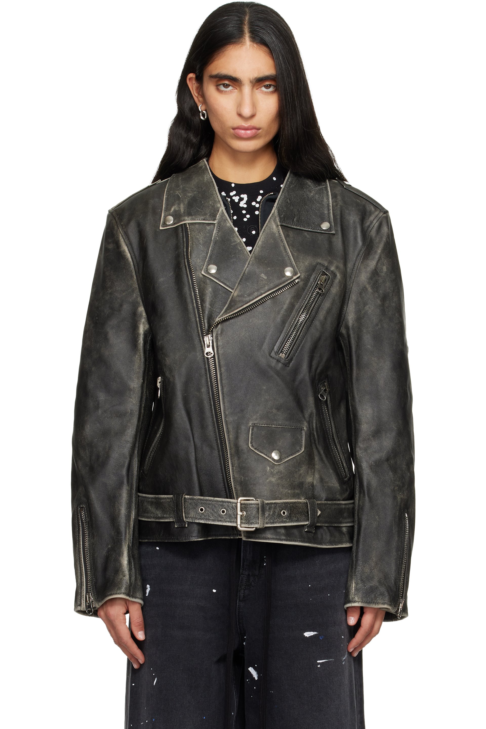 MM6 Maison Margiela - Blouson brun en cuir à effet délavé