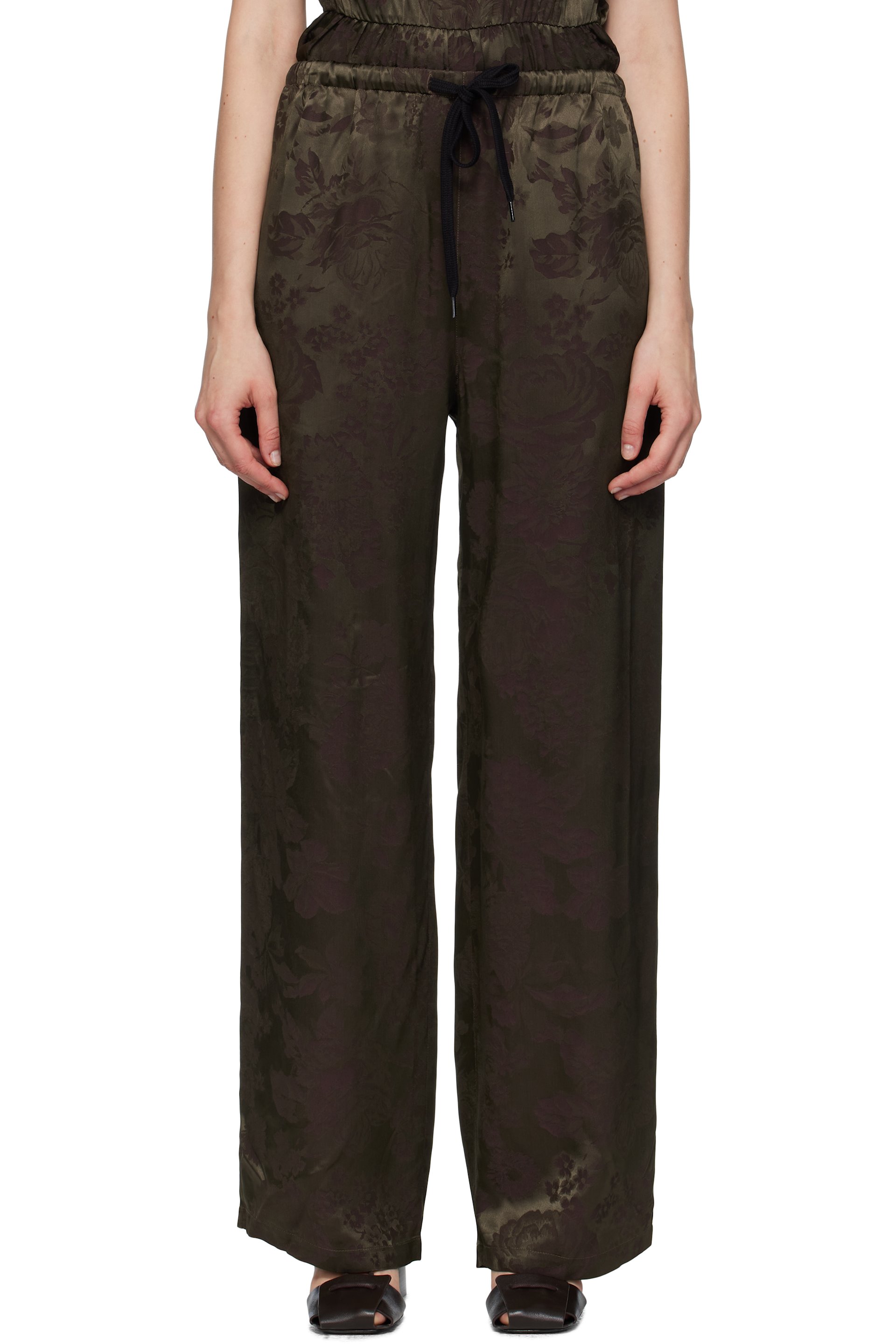 MM6 Maison Margiela - Pantalon kaki et bourgogne à motif fleuri en jacquard