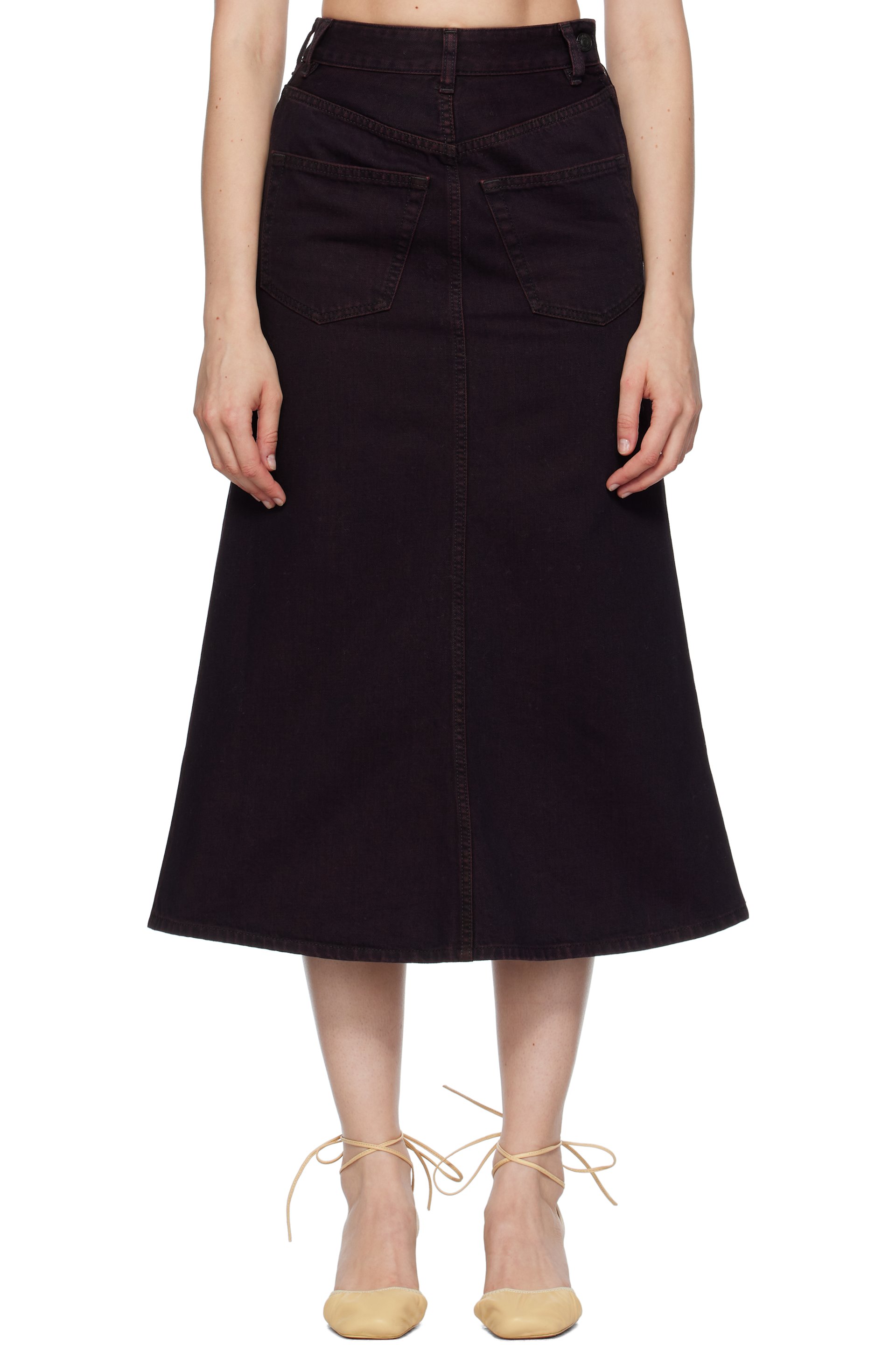 MM6 Maison Margiela - Jupe midi bourgogne en denim surteint à assemblage inversé