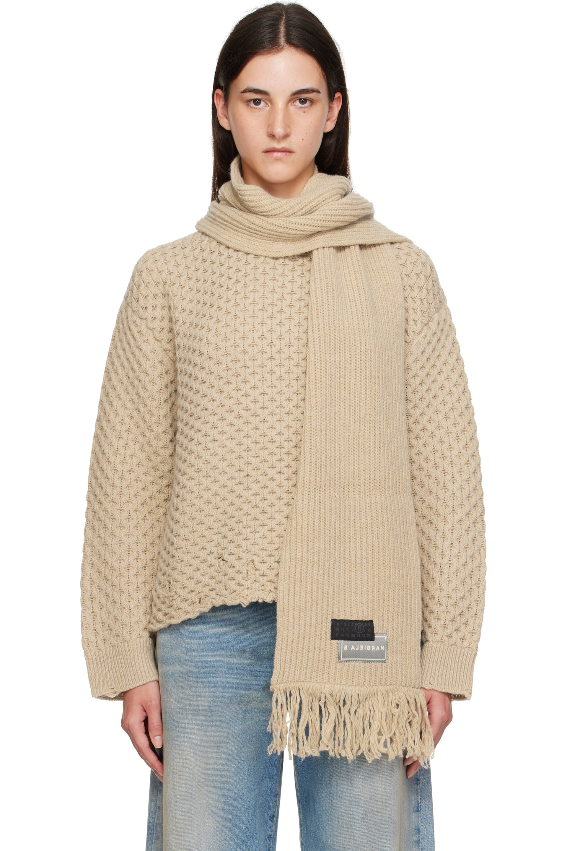 MM6 Maison Margiela - Pull beige en tricot à écharpe