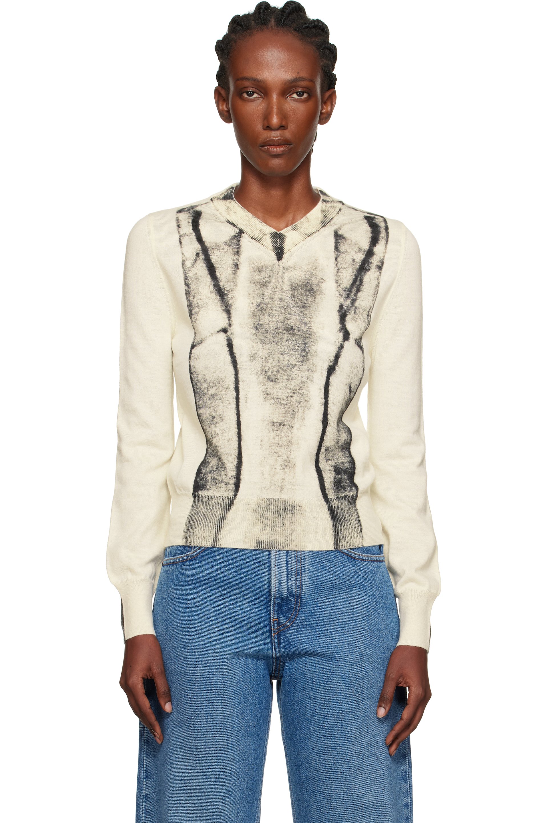 MM6 Maison Margiela - Pull blanc cassé en tricot jauge 14 à imprimé trompe l'œil
