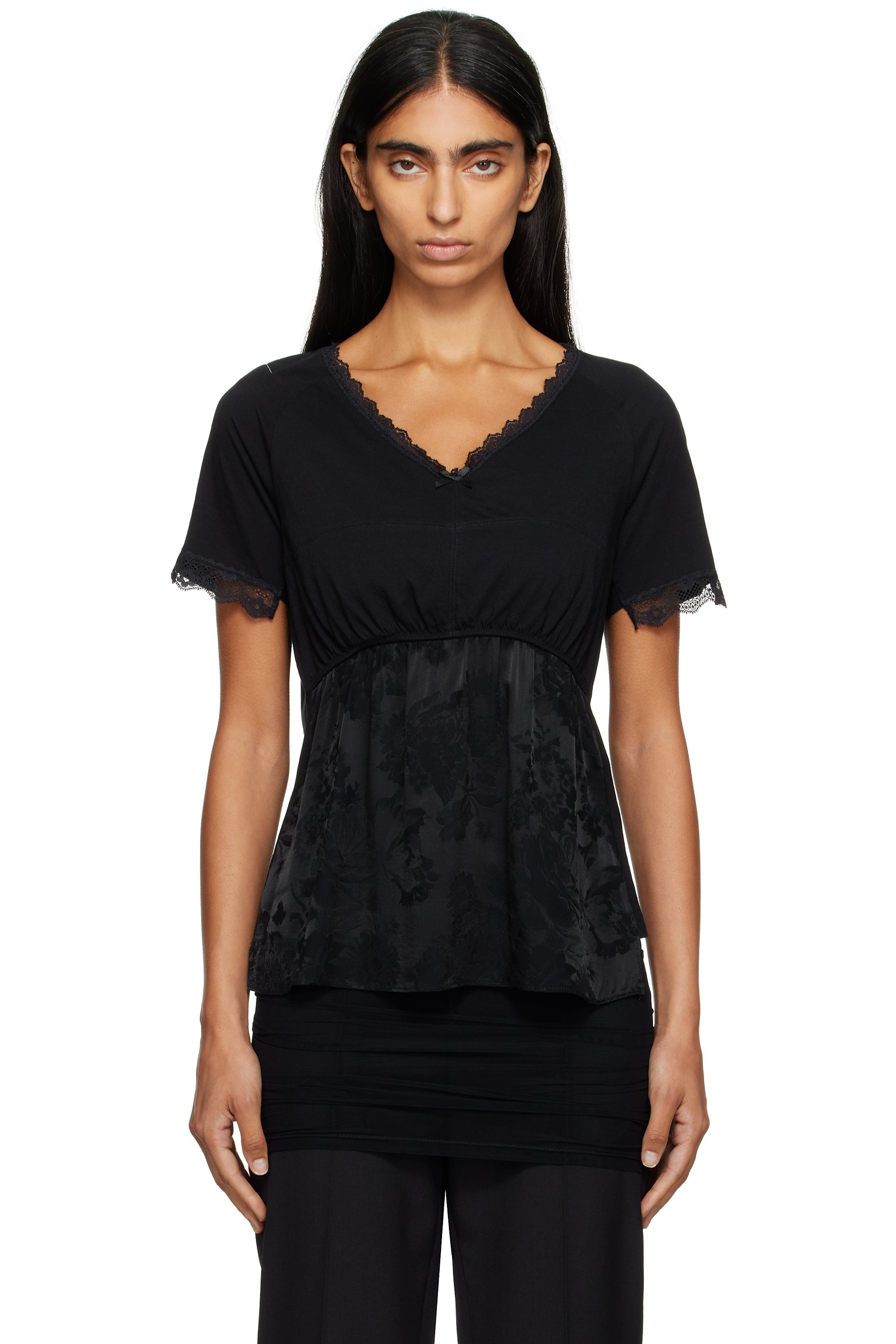 MM6 Maison Margiela - T-shirt noir en jersey de coton à garnitures en dentelle