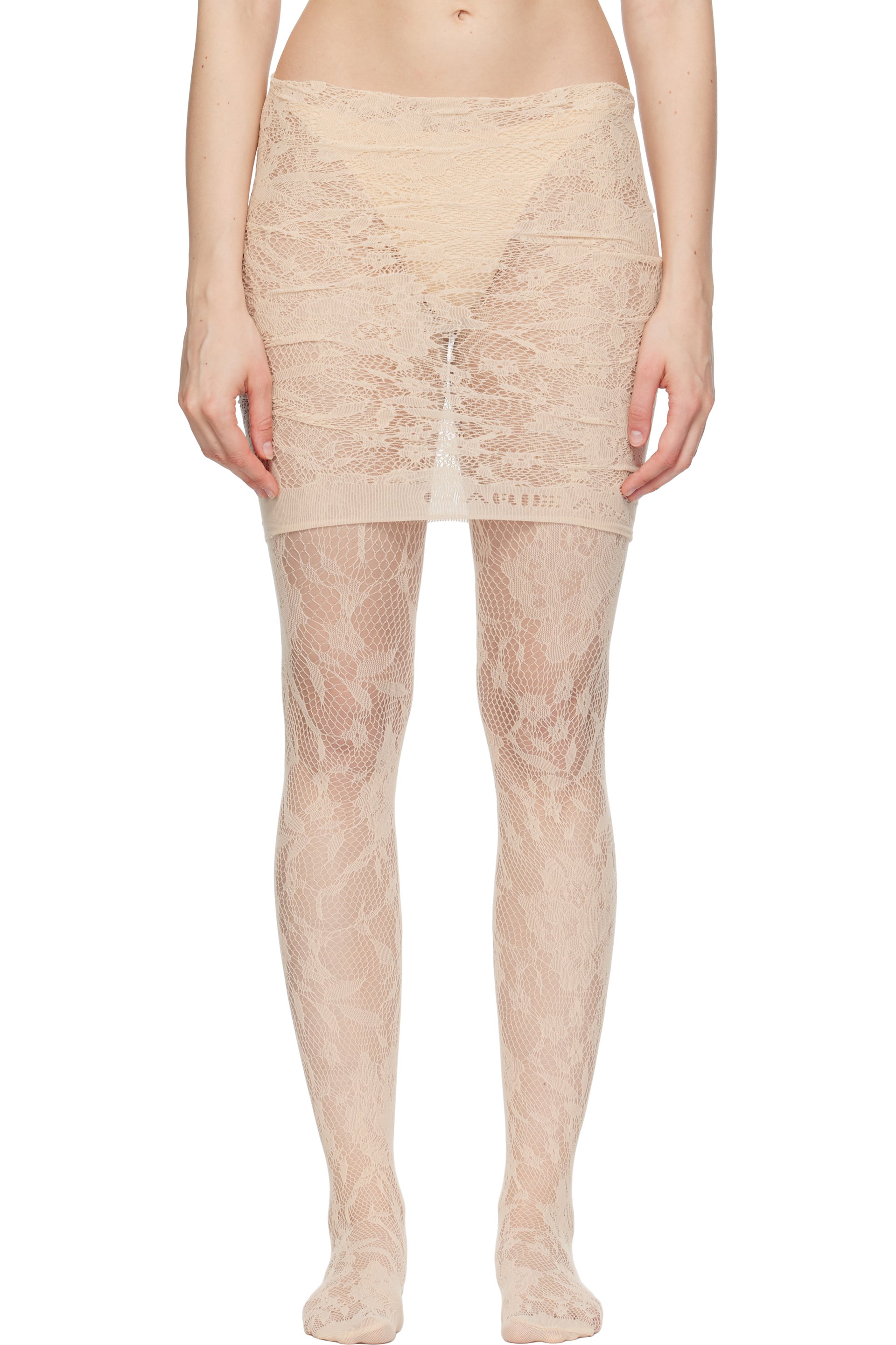MARIE ADAM-LEENAERDT - Minijupe beige en dentelle à collant intégré