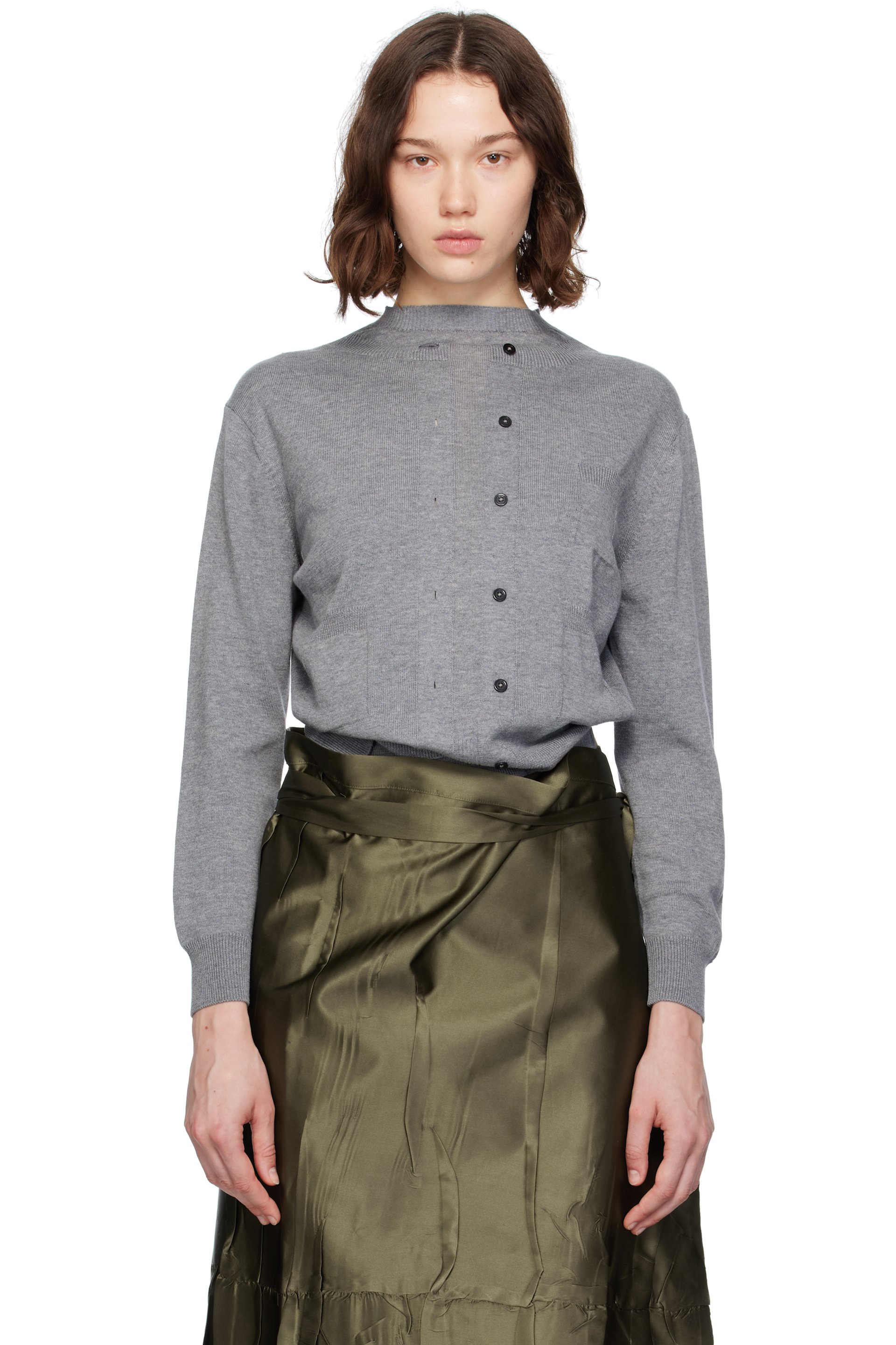 MARIE ADAM-LEENAERDT - Cardigan gris à effet trompe l'œil
