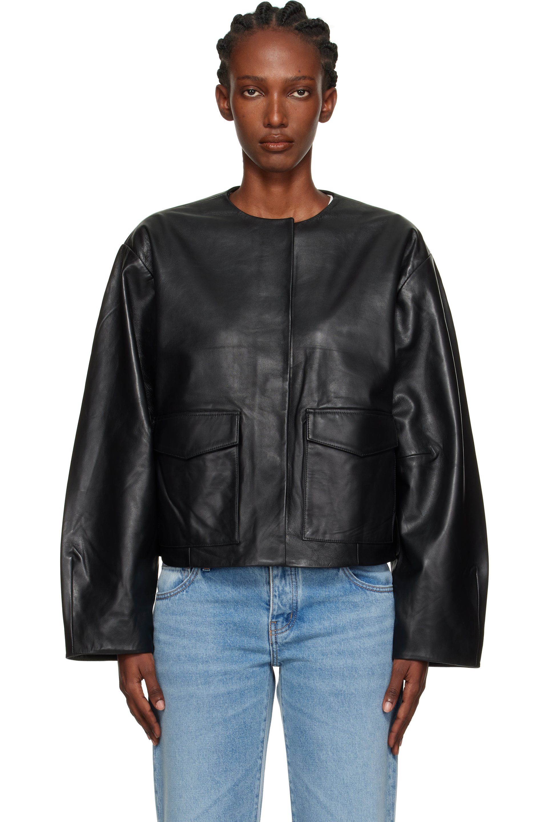 St. Agni - Blouson utilitaire noir en cuir à coupe cocon