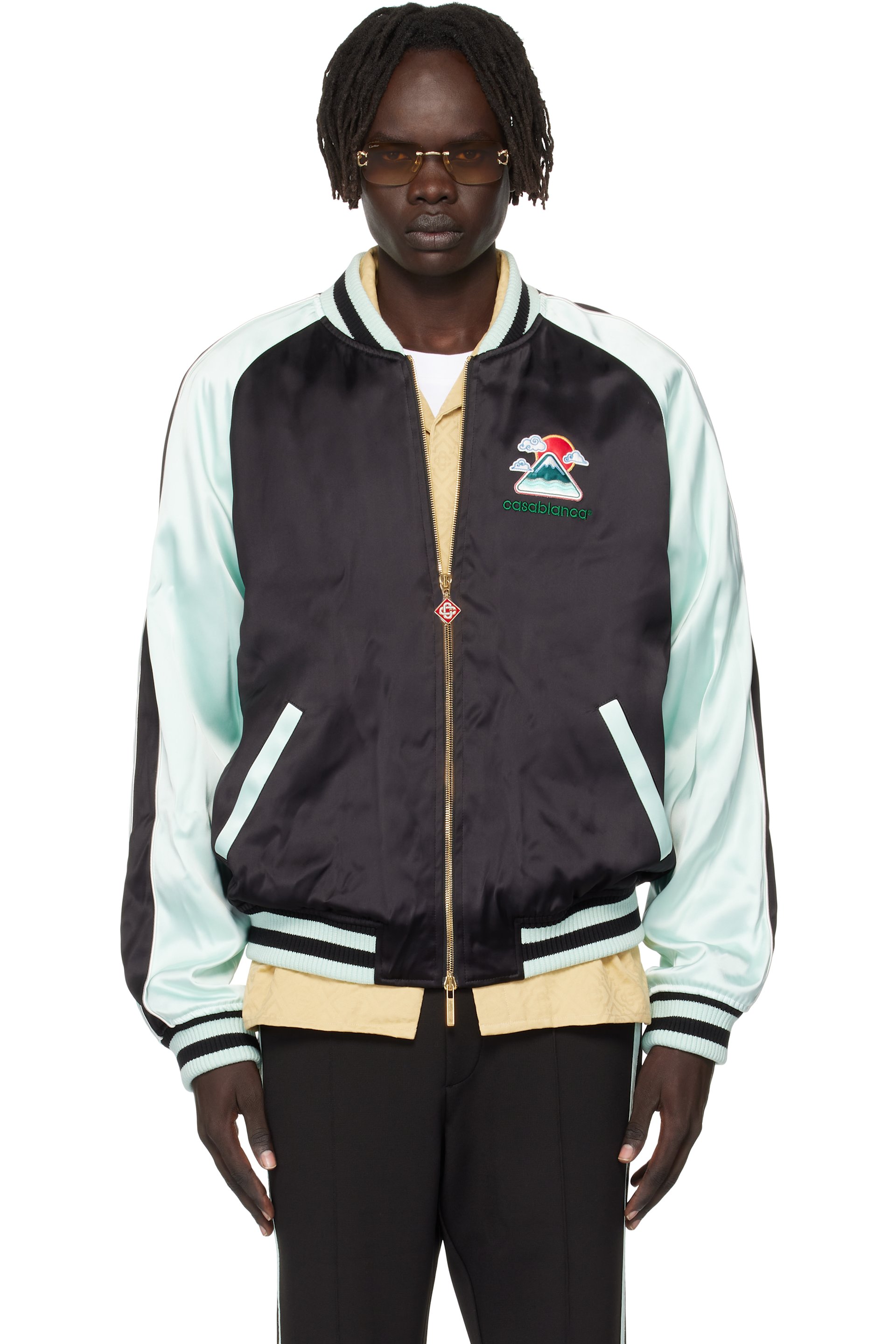 Casablanca - Green & Black Embroidered Satin Bomber Jacket