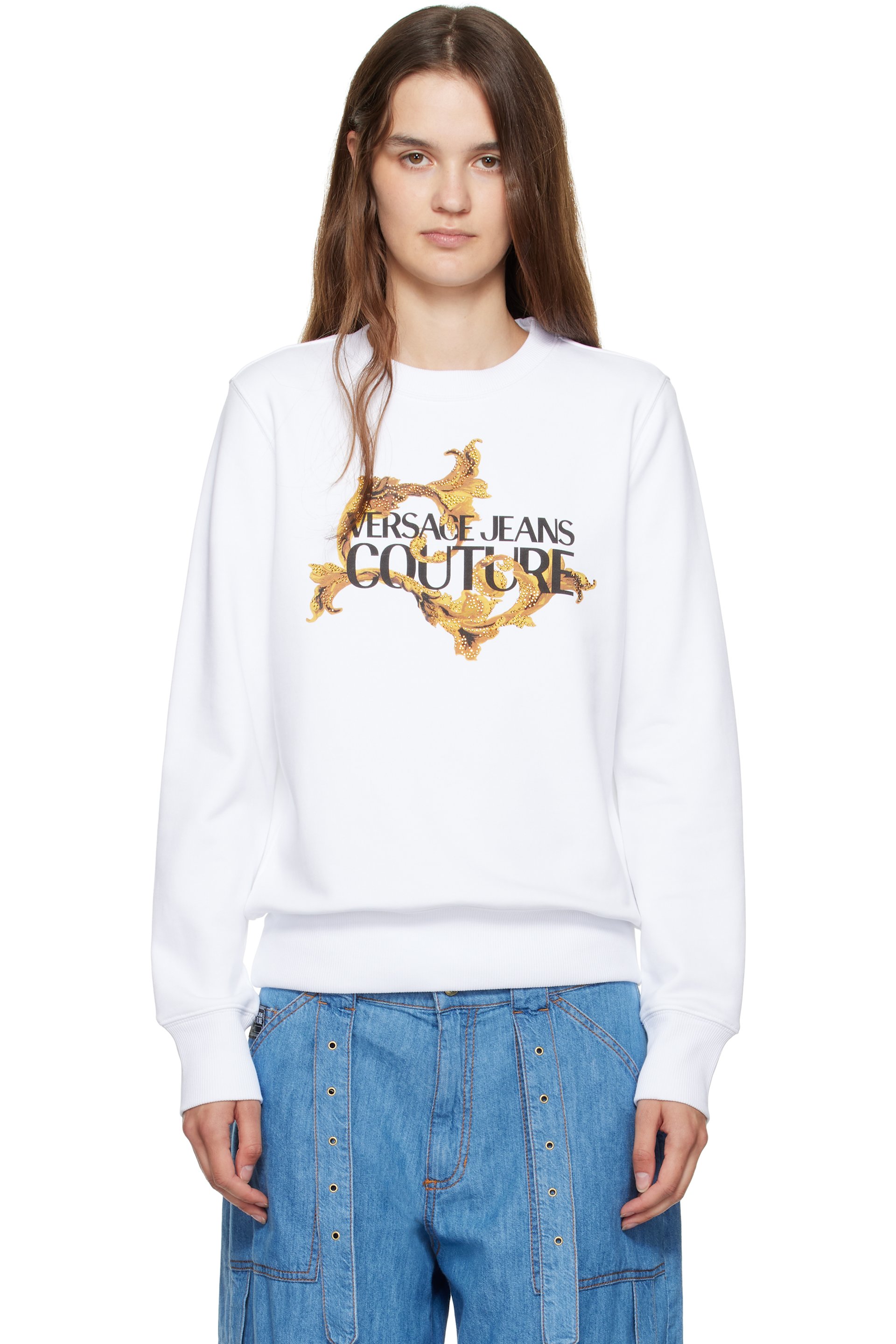 Versace Jeans Couture - Pull molletonné blanc à logo sérigraphié