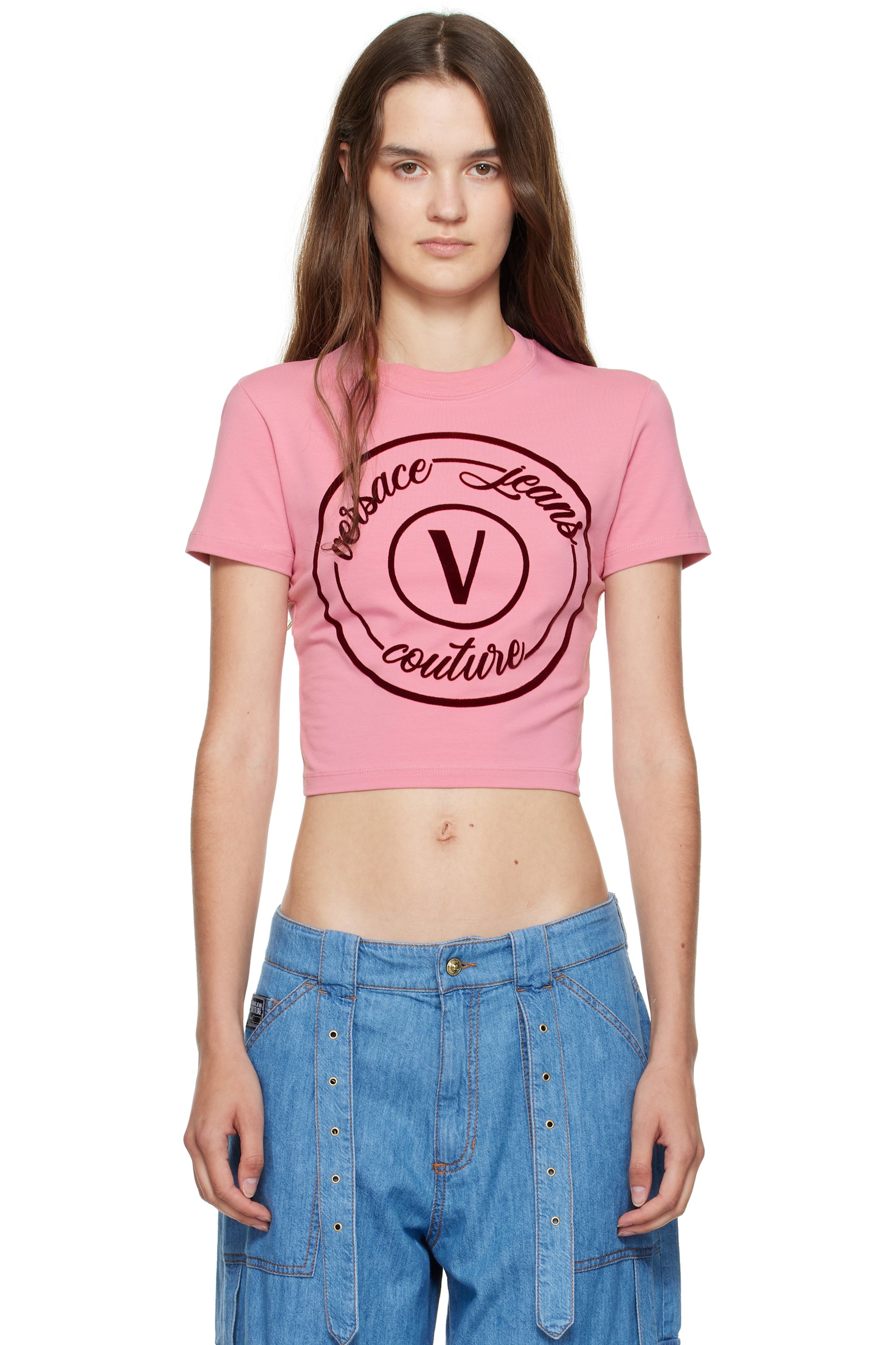 Versace Jeans Couture - T-shirt ajusté rose à logo circulaire
