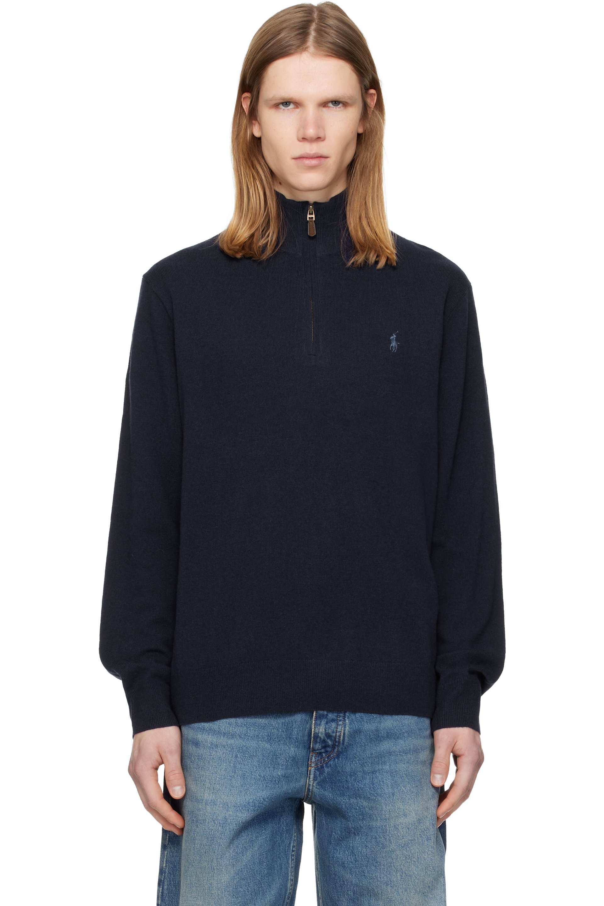 Polo Ralph Lauren - Pull bleu marine en laine à glissière un quart