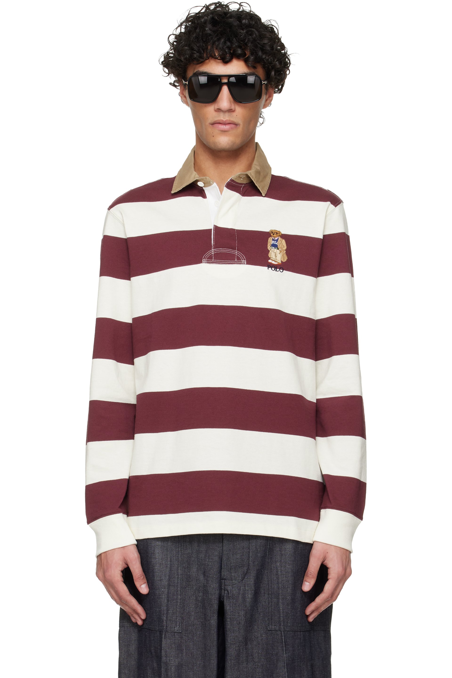 Polo Ralph Lauren - Polo de rugby à manches longues rouge et blanc à ourson Polo Bear