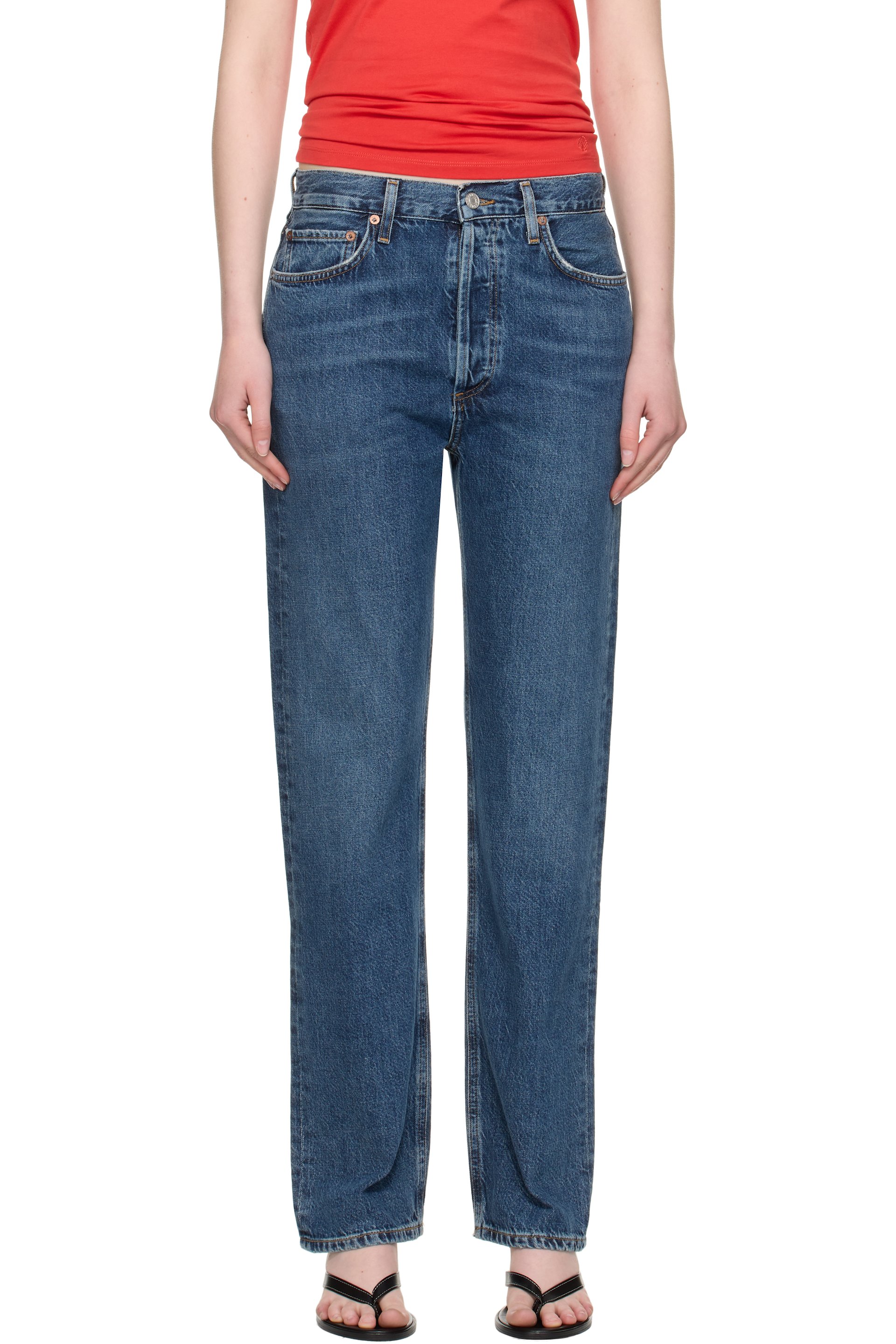 AGOLDE - Jean droit long 90's bleu en à taille haute pincée