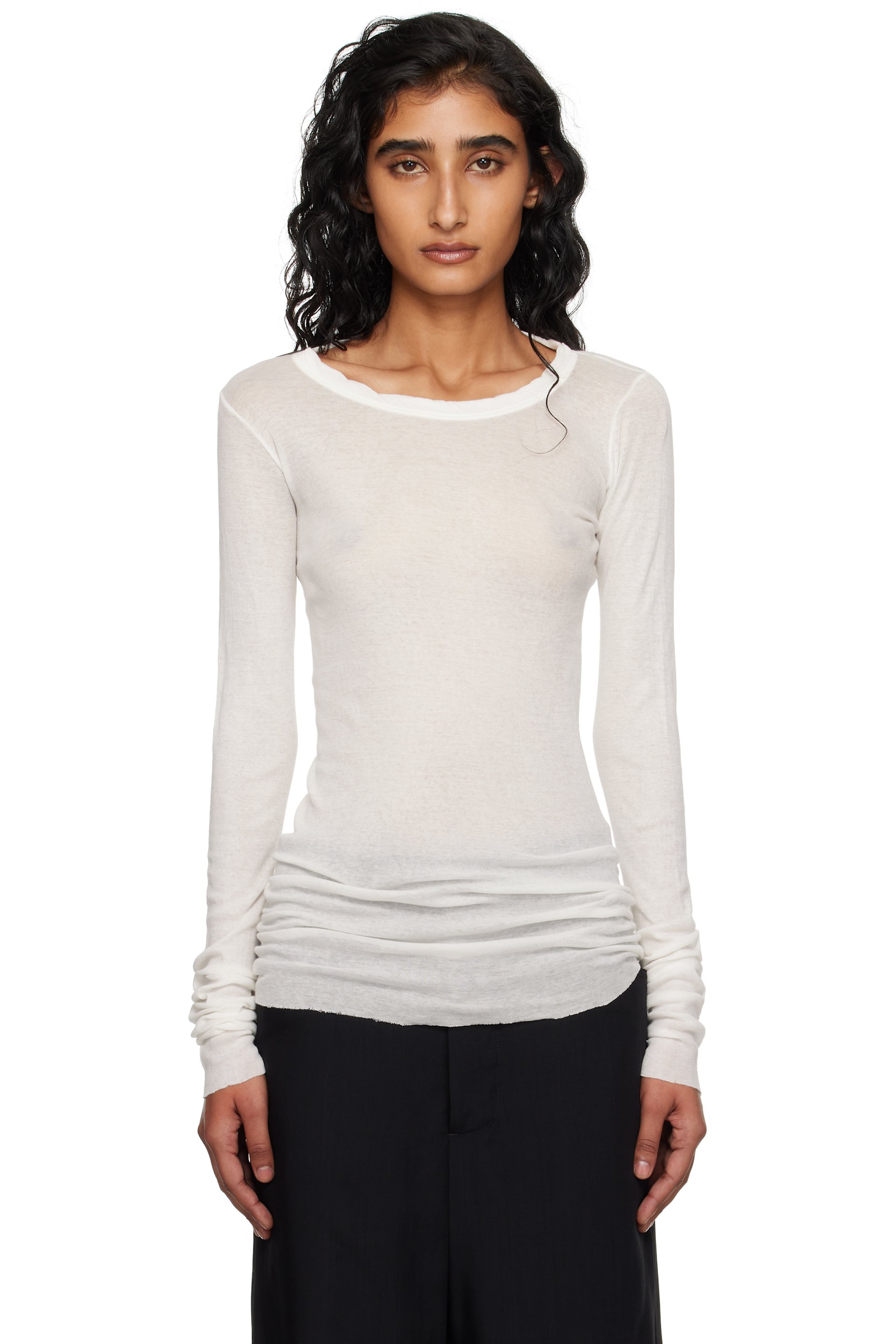 Rick Owens - T-shirt à manches longues blanc cassé en jersey côtelé - Concordians