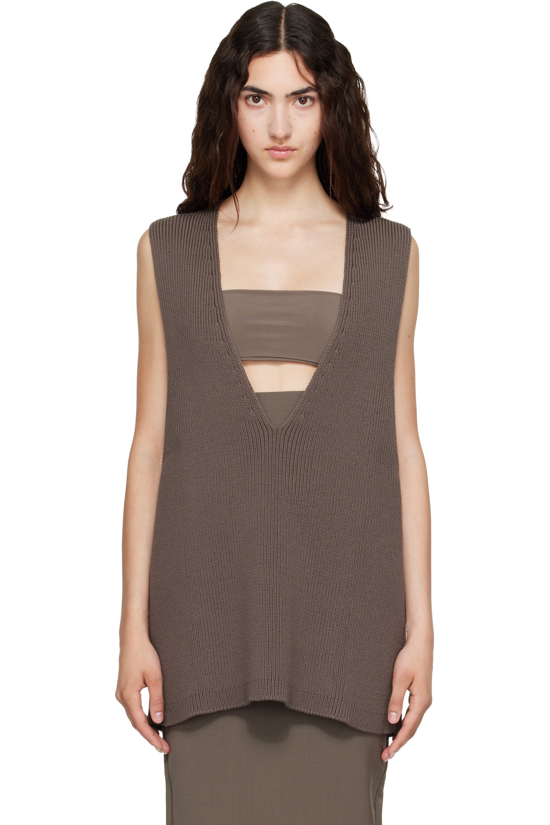 Rick Owens - 灰褐色 Tower Wool Knit V Neck 马甲