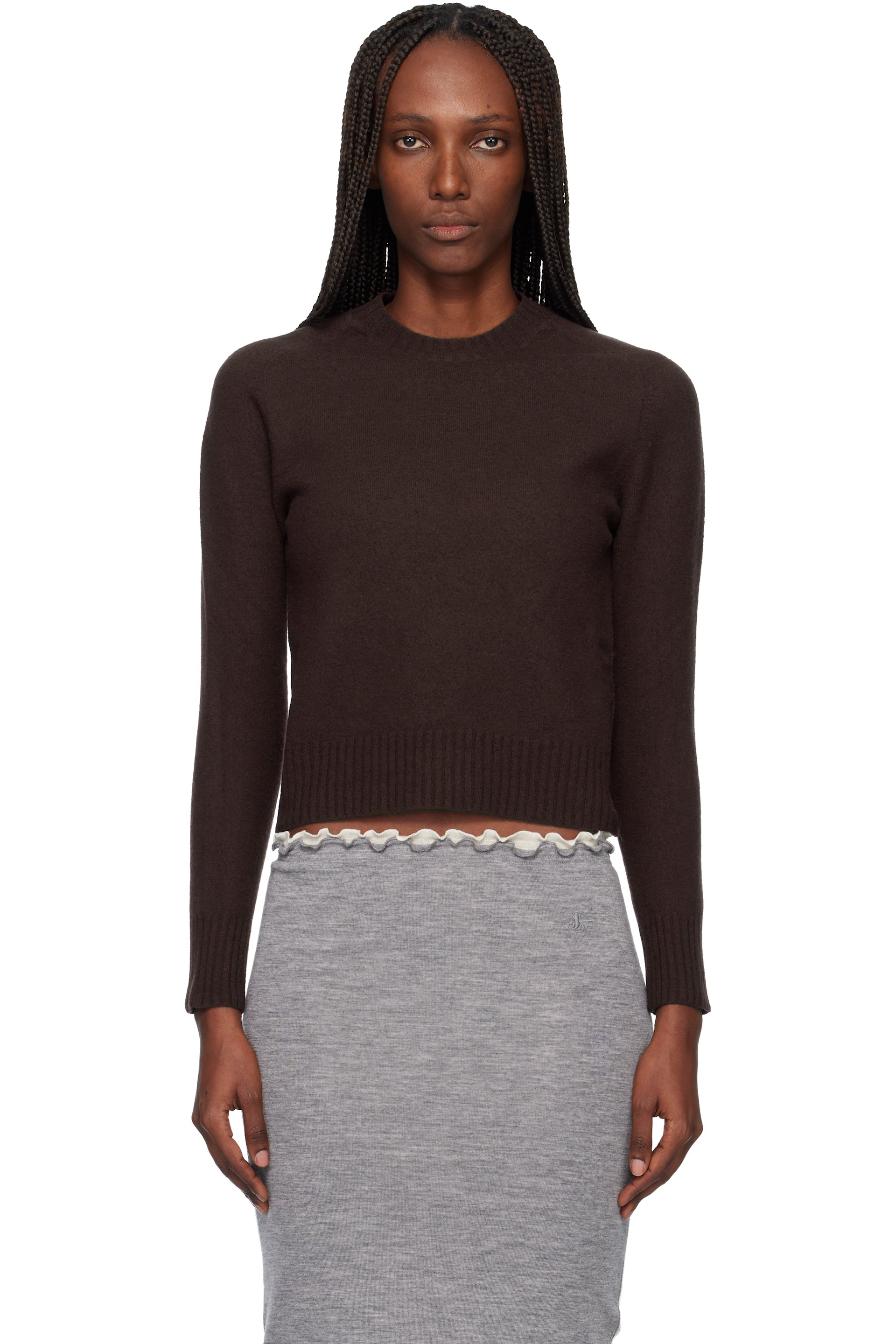 Jil Sander - Pull léger brun en laine à col ras du cou