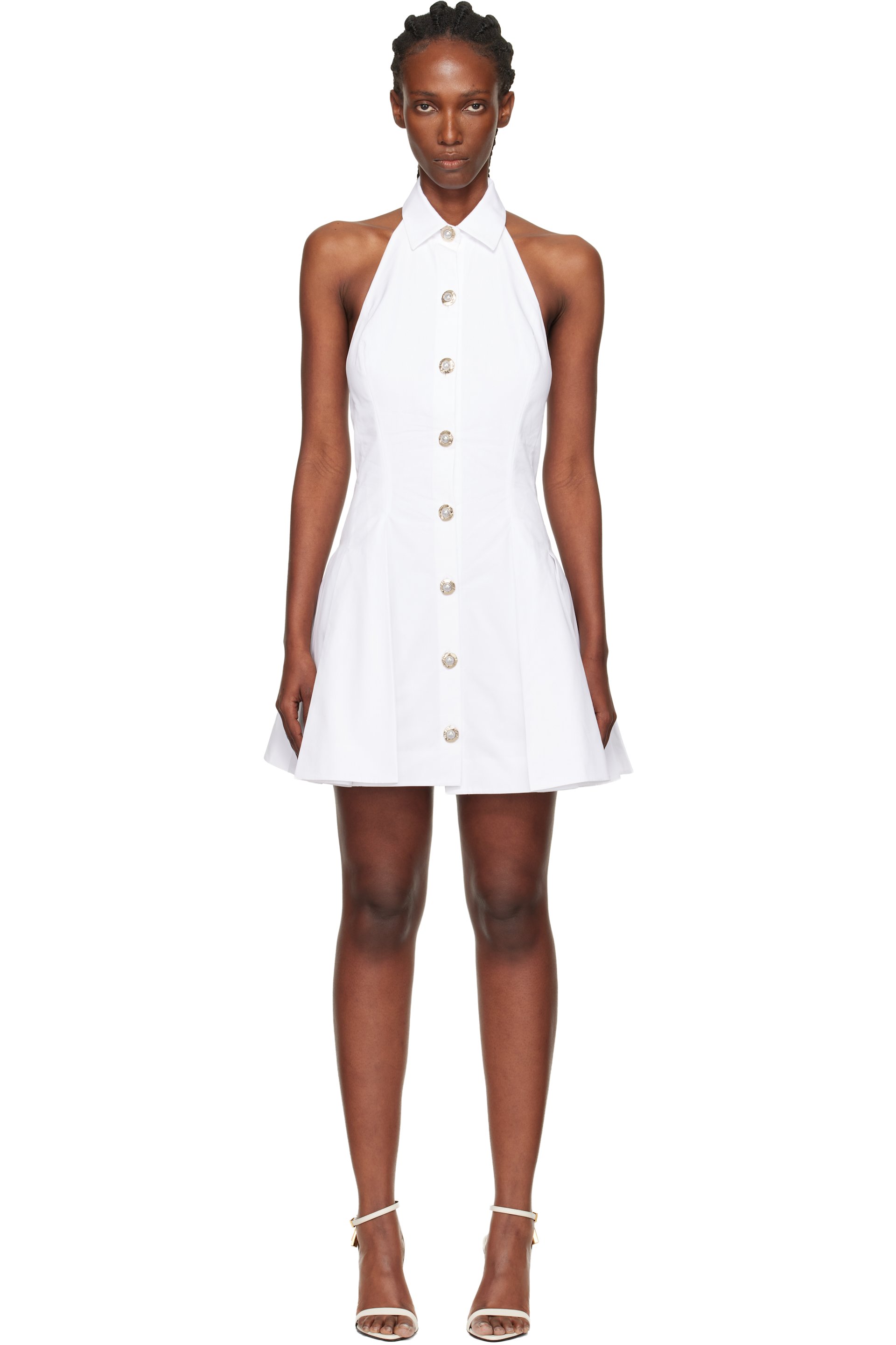 Balmain - Robe courte trapèze blanche en popeline à dos ouvert