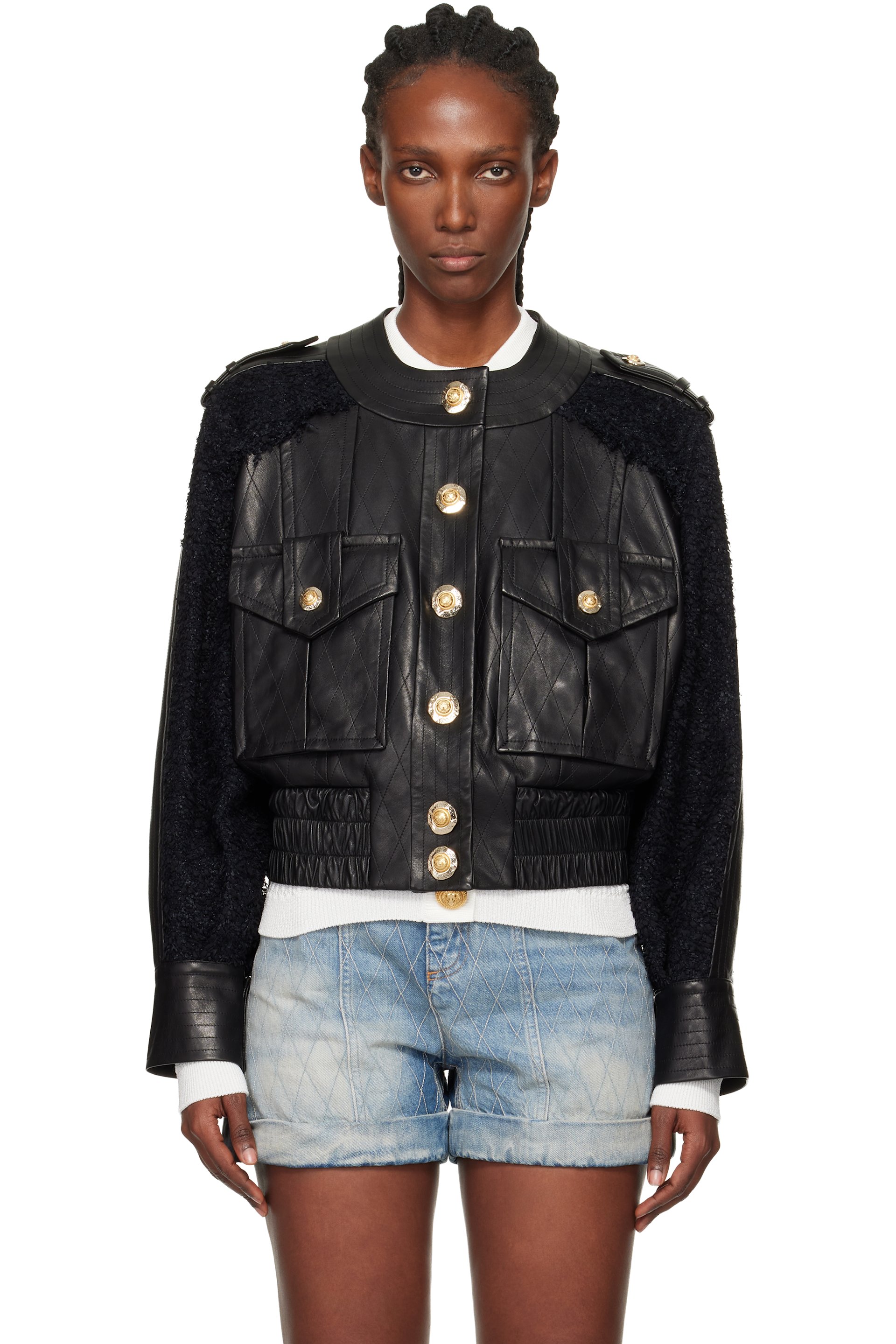 Balmain - ブラック ツイード＆レザー ボンバージャケット