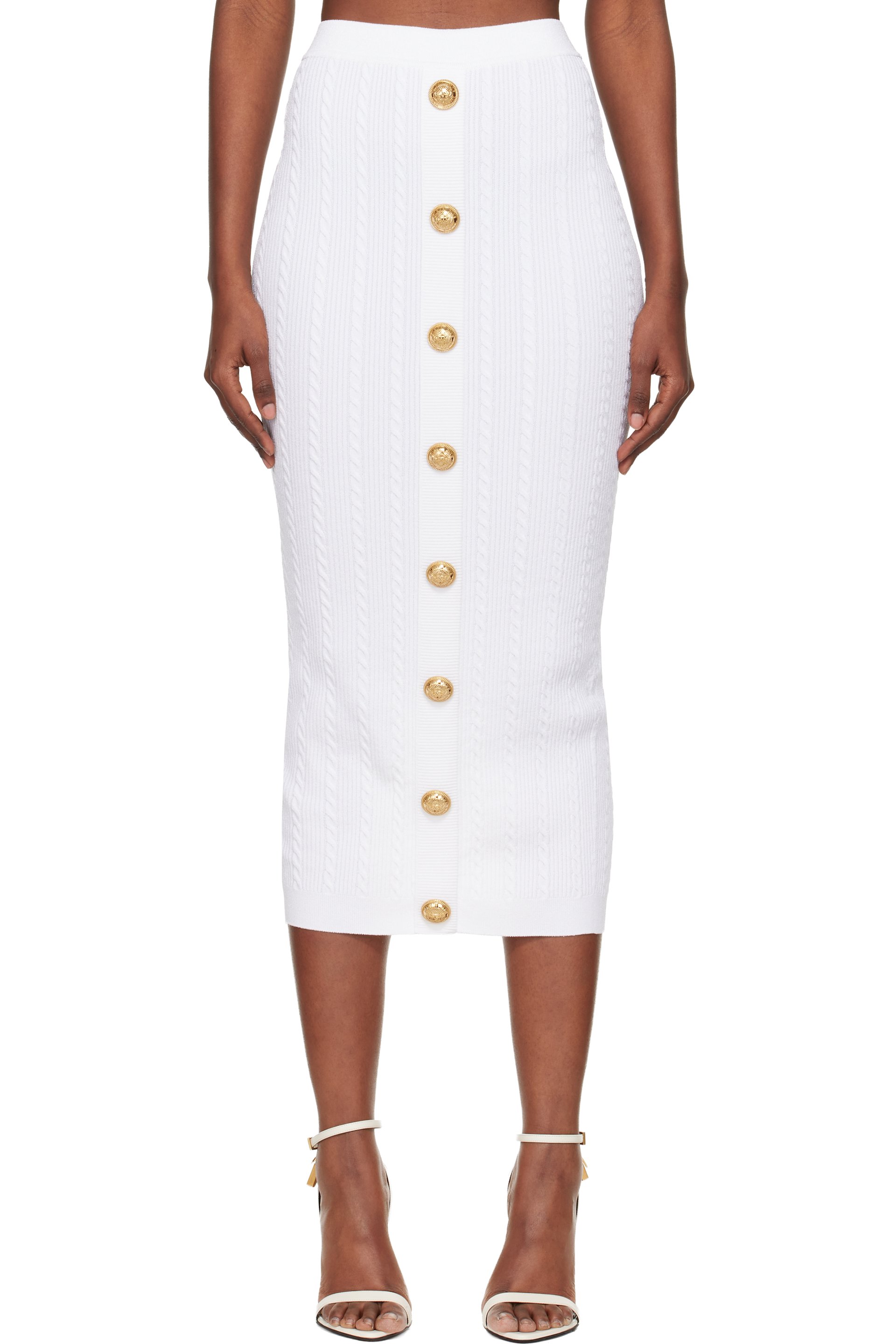 Balmain - Jupe midi blanche en tricot câblé