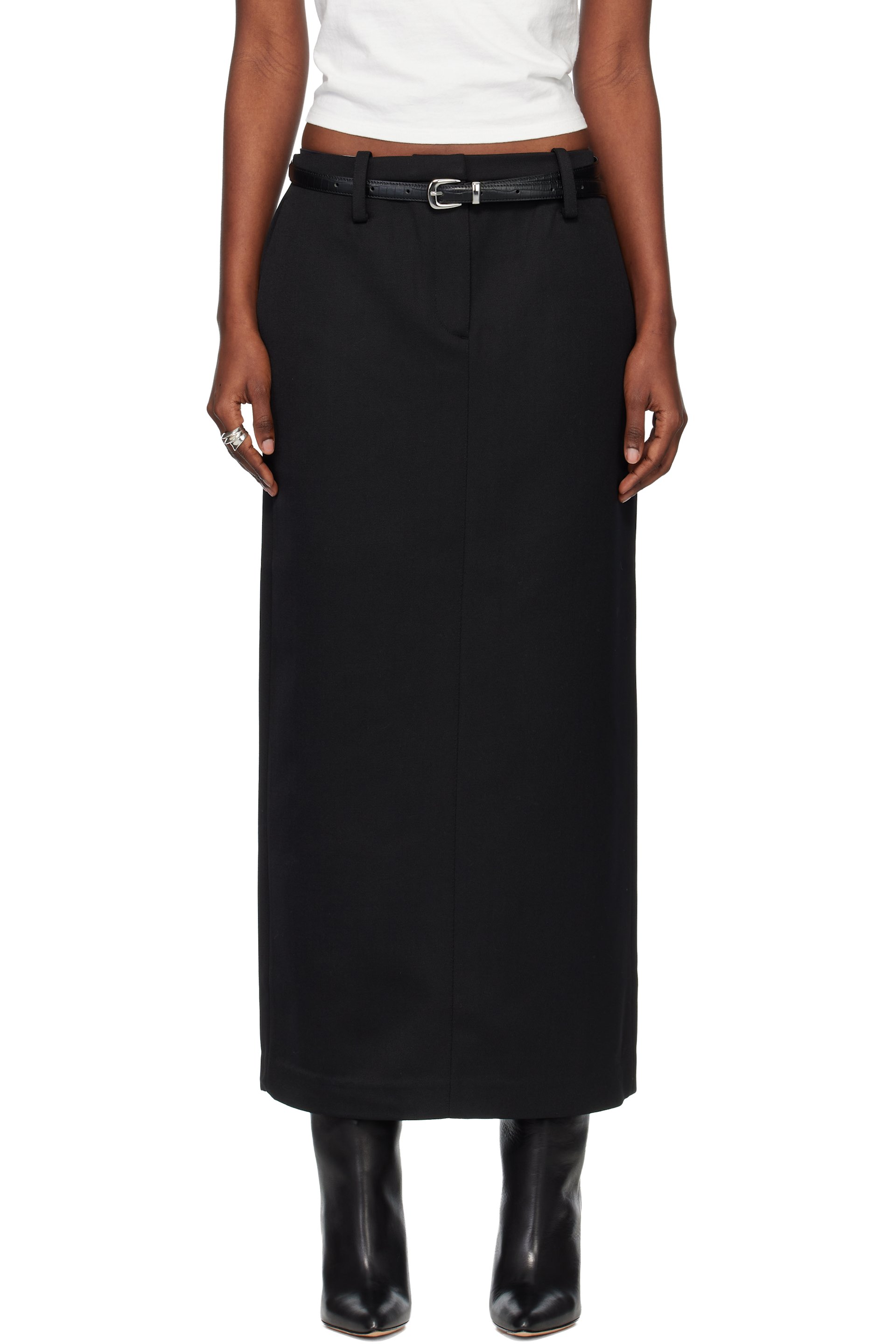 TONYWACK - Black Low-Waisted Wool-Twill Belted Maxi Skirt