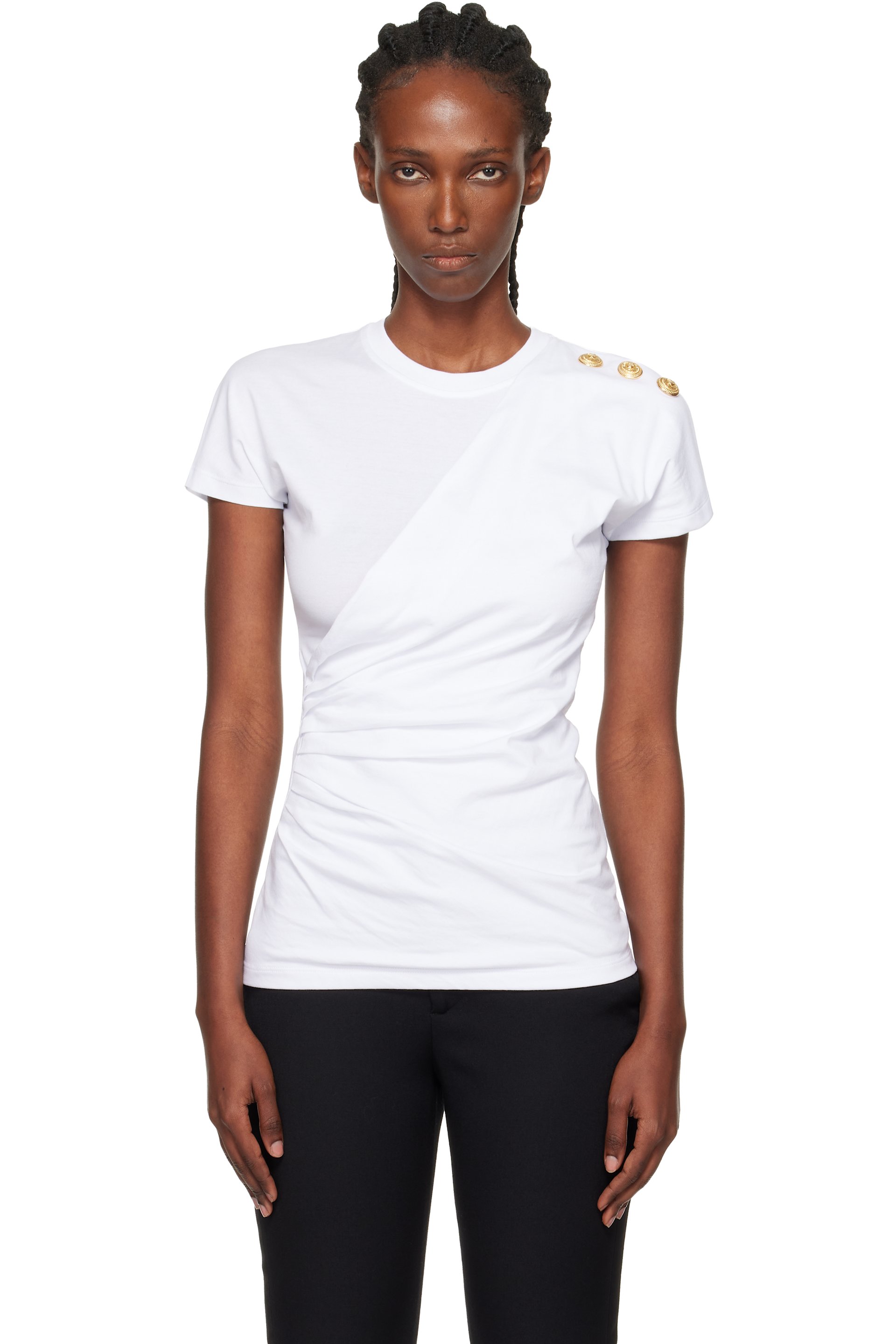 Balmain - T-shirt à manches courtes drapé blanc en jersey