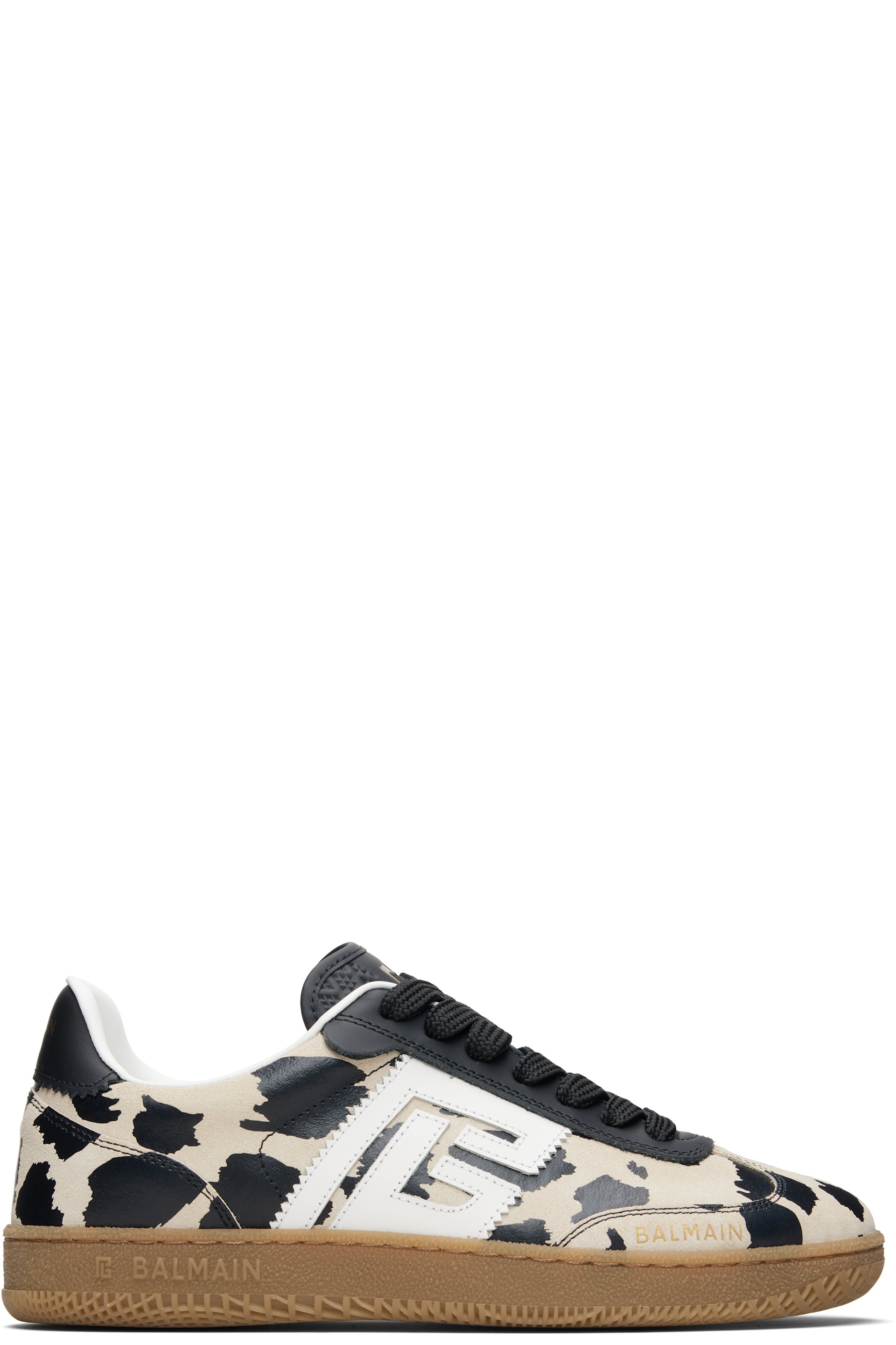 Balmain - Baskets Swan noir et beige en suède et en cuir à motif léopard